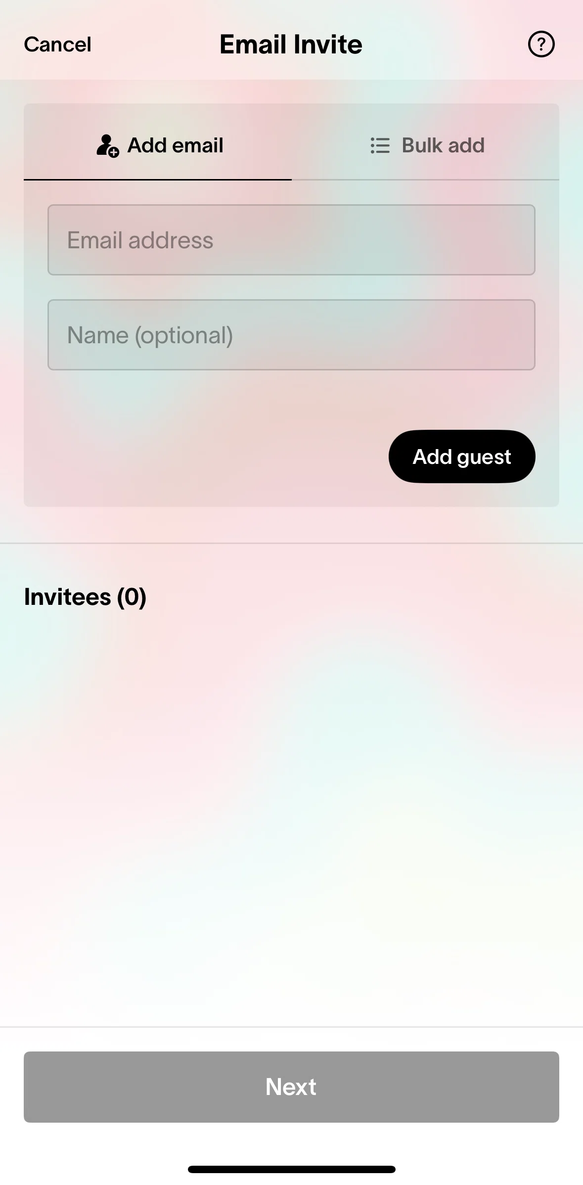 Partiful Screen screen in the Inviting a guest (bulk add) flow