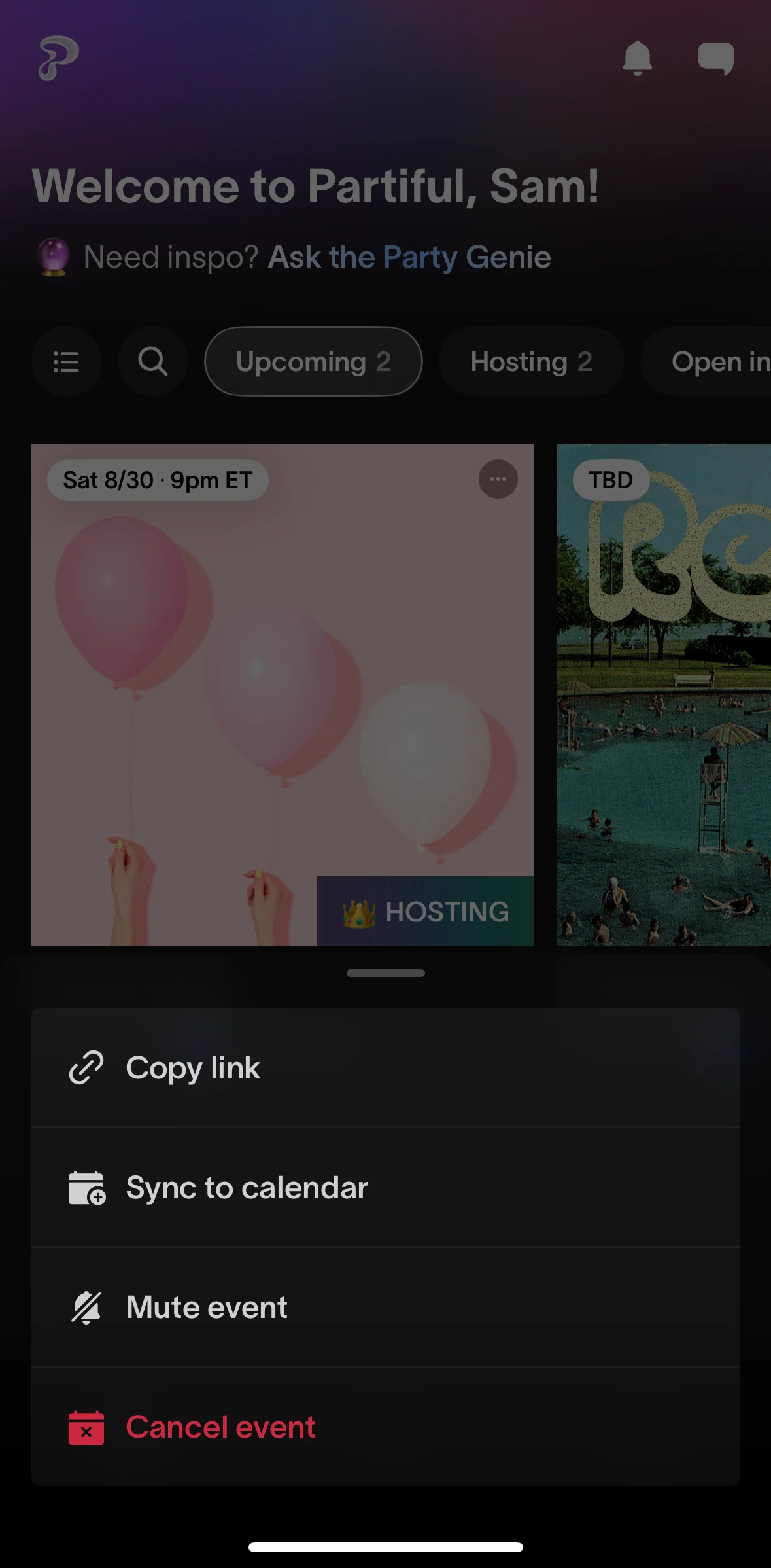 Partiful Screen screen in the Muting an event flow