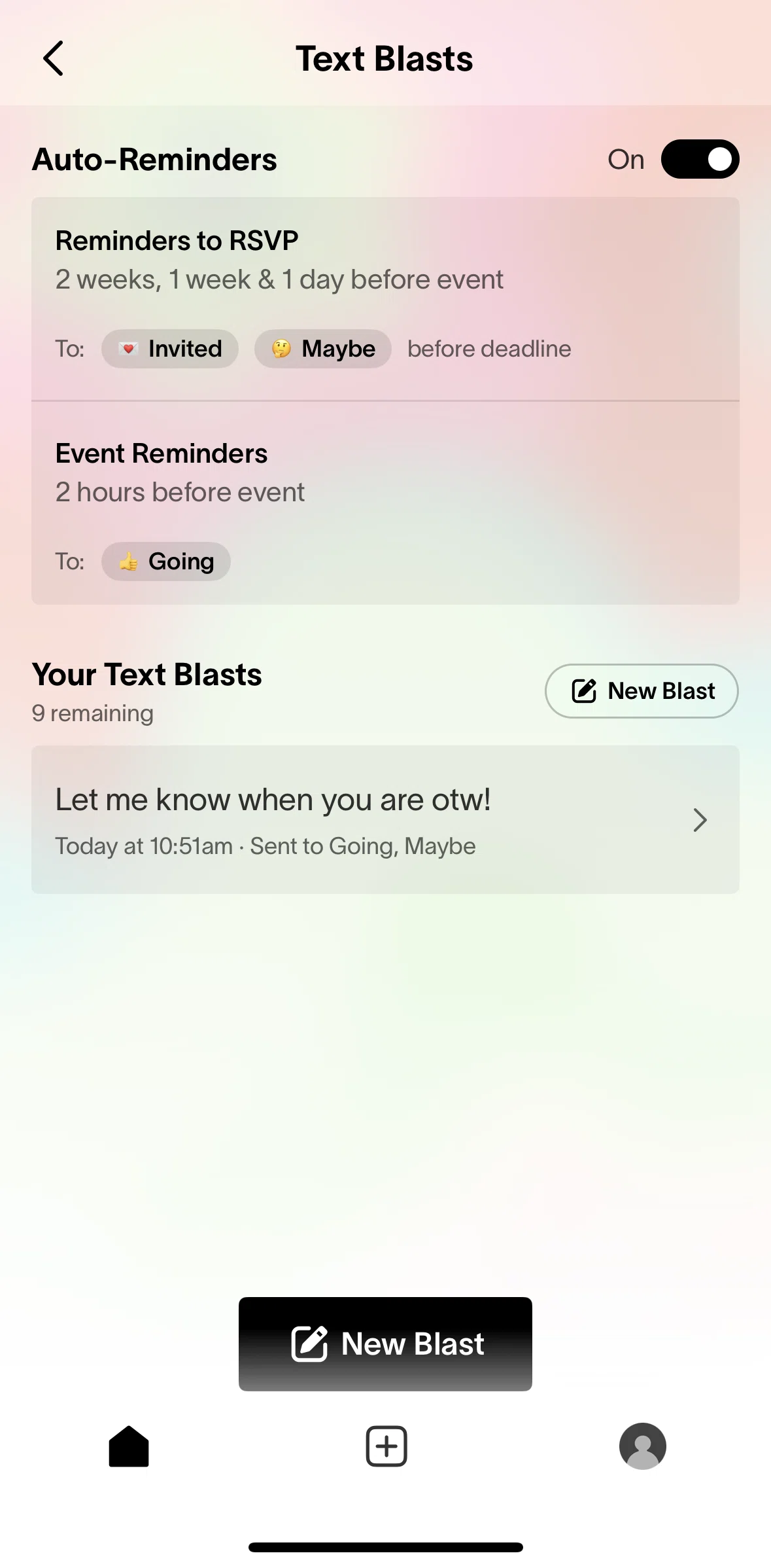 Partiful Screen screen in the Text blast details flow