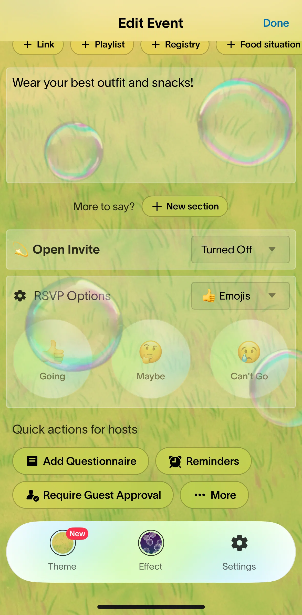 Partiful Screen screen in the Turning on open invite flow
