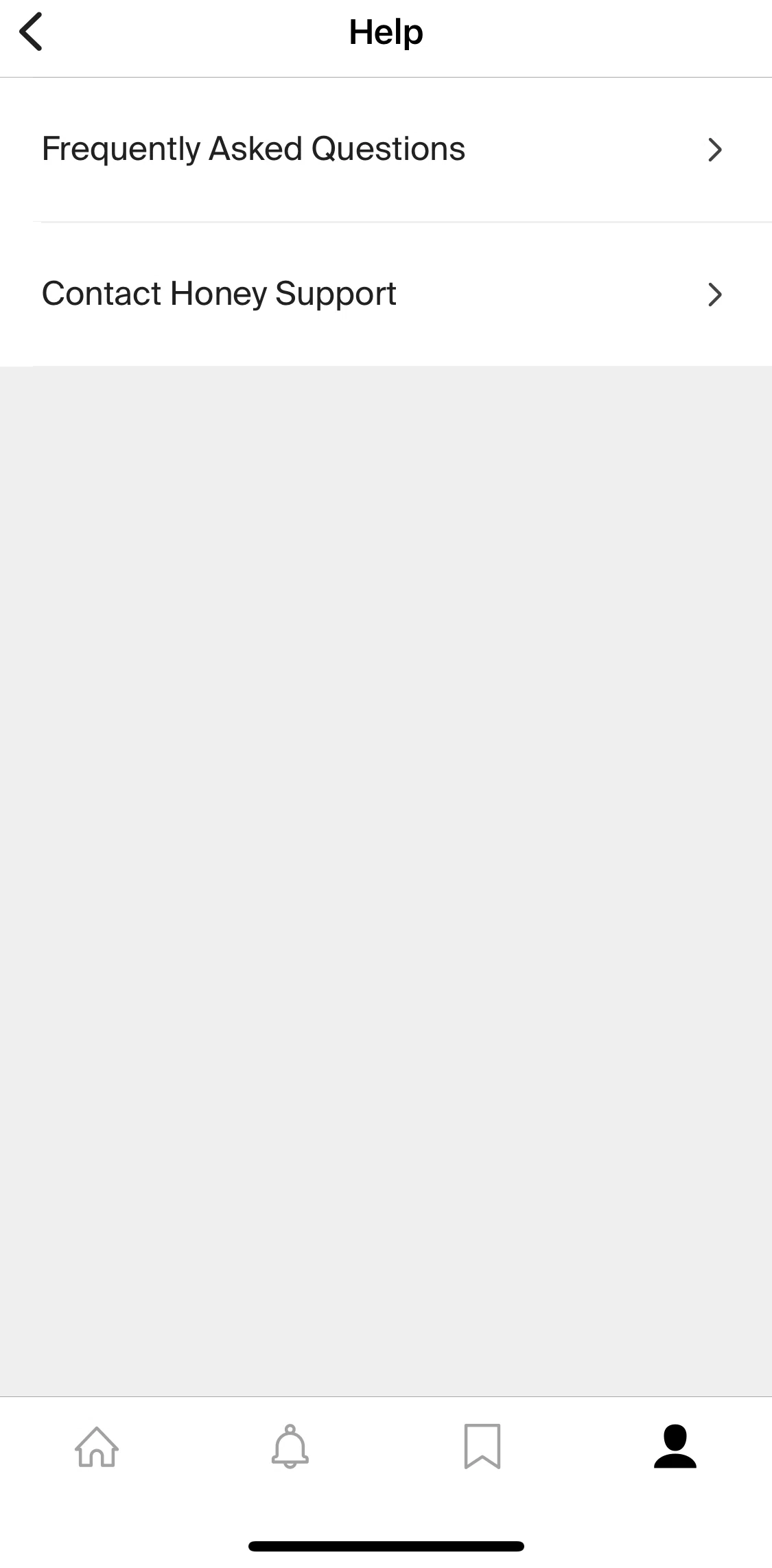PayPal Honey Screen screen in the Contacting Honey support flow