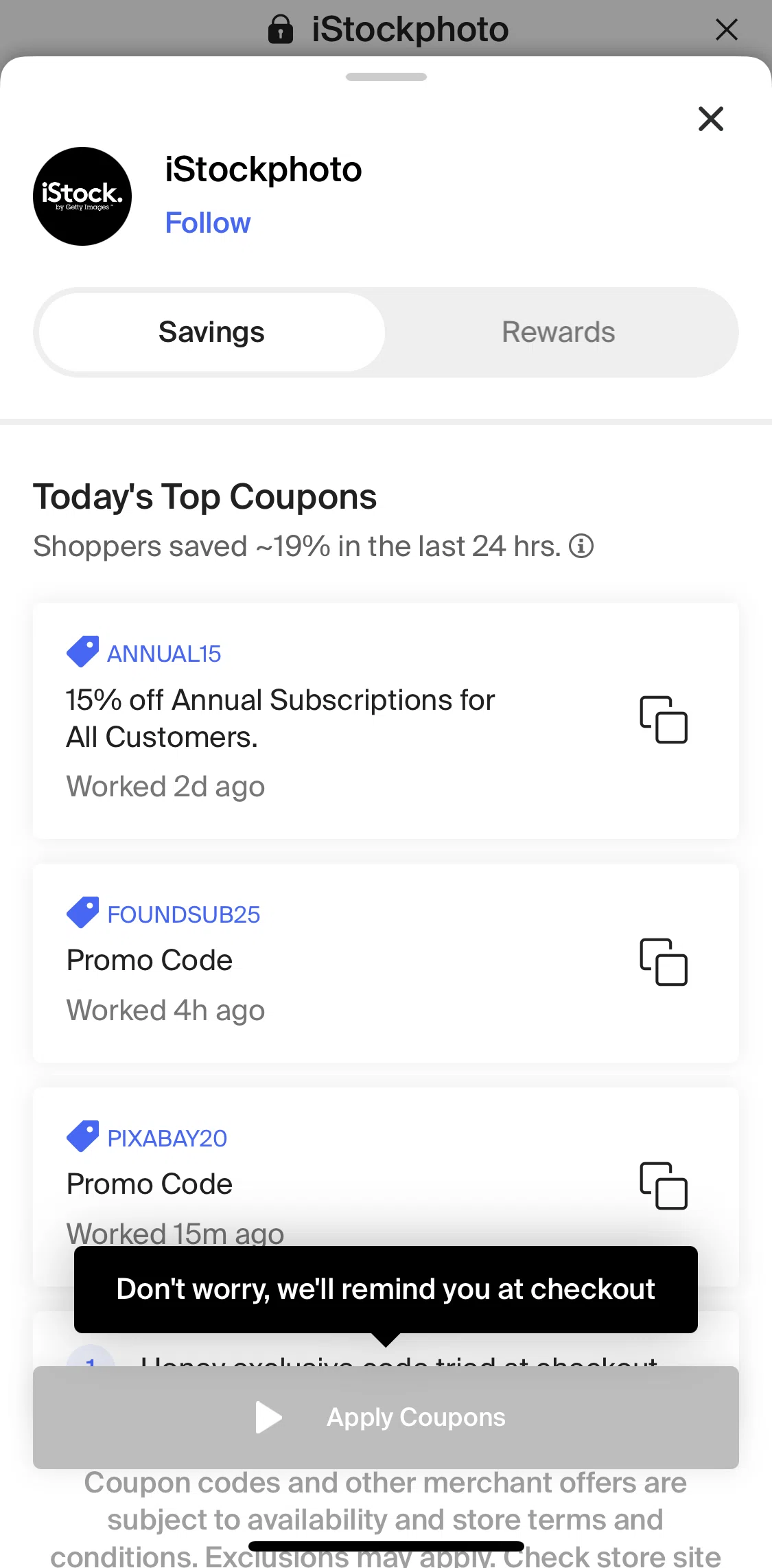 PayPal Honey Screen screen in the Copying coupons to clipboard flow