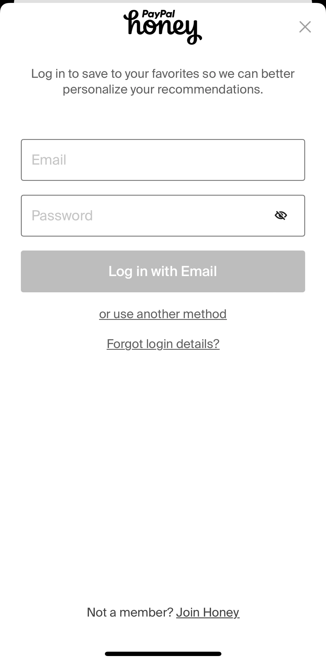 PayPal Honey Screen screen in the Resetting password flow