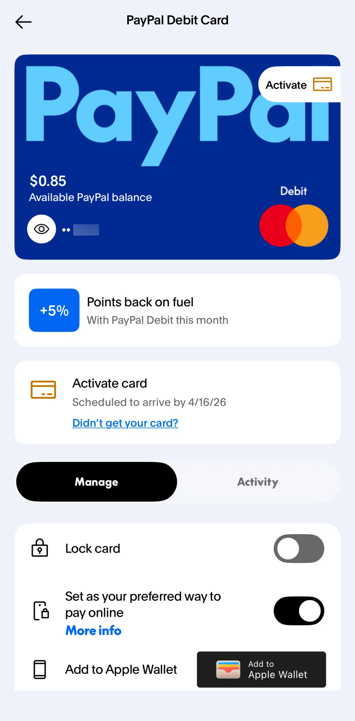 Paypal Screen screen in the Activating a card flow