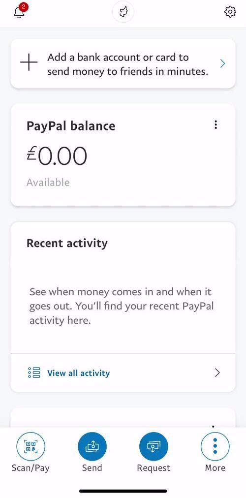 Paypal Home screen in the Adding Payment Details flow