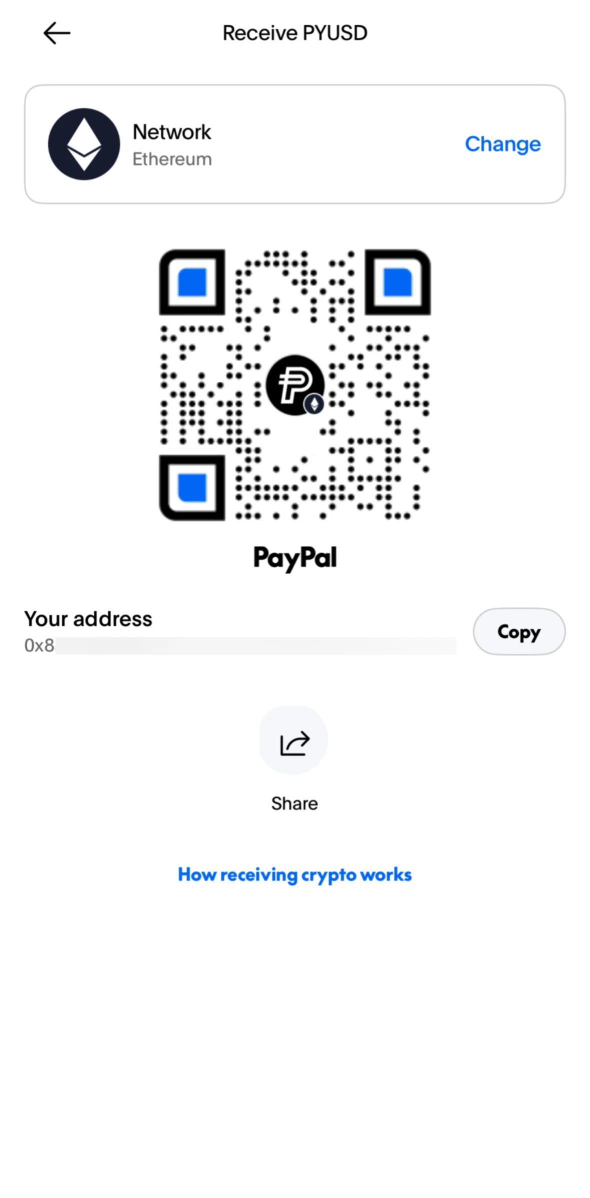 Paypal Screen screen in the Copying a wallet address flow