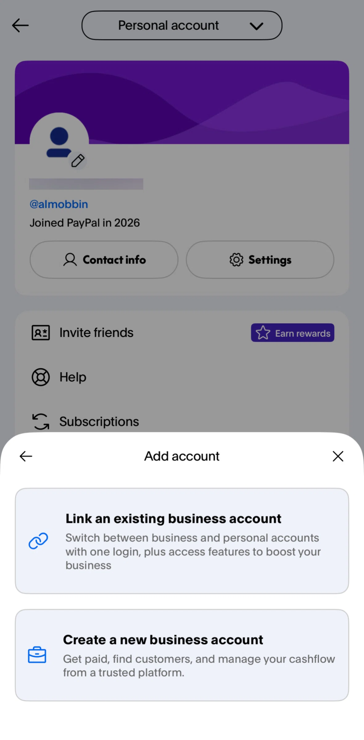Paypal Screen screen in the Create a business account flow
