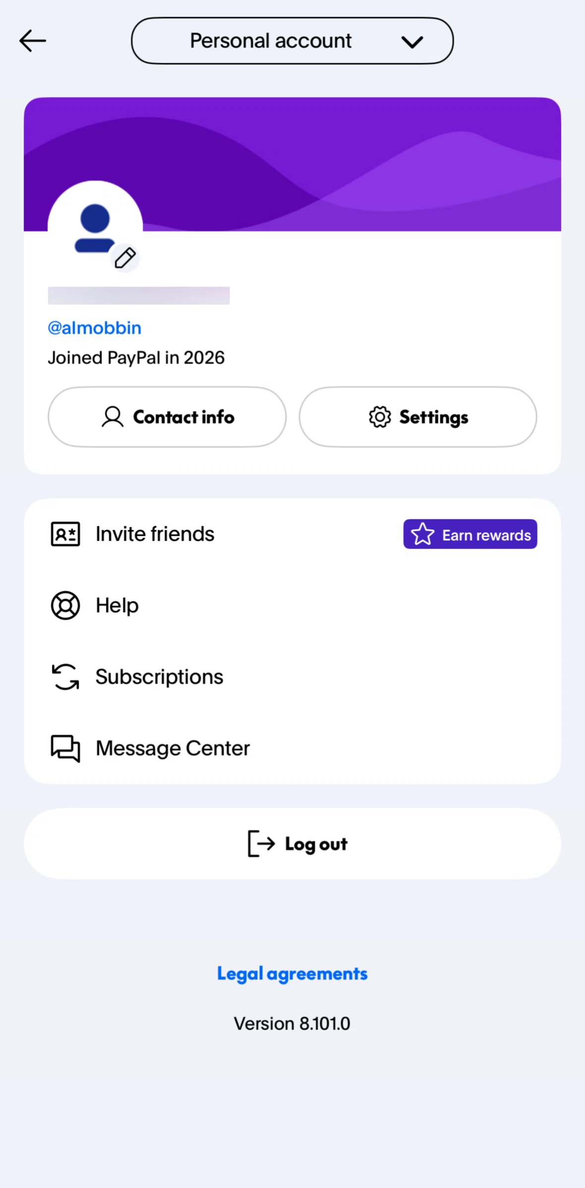 Paypal Screen screen in the Editing profile flow