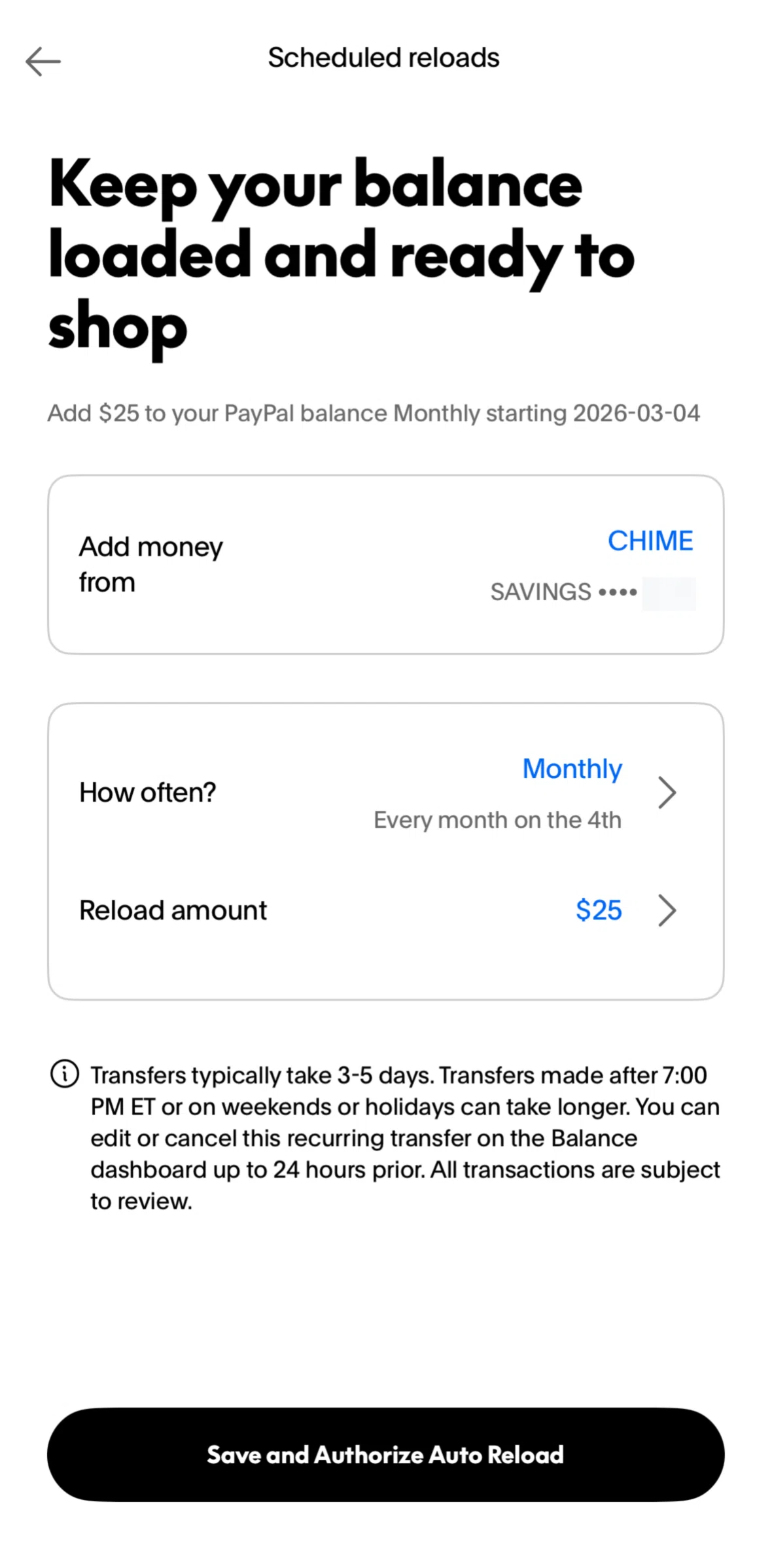 Paypal Screen screen in the Editing reload amount flow