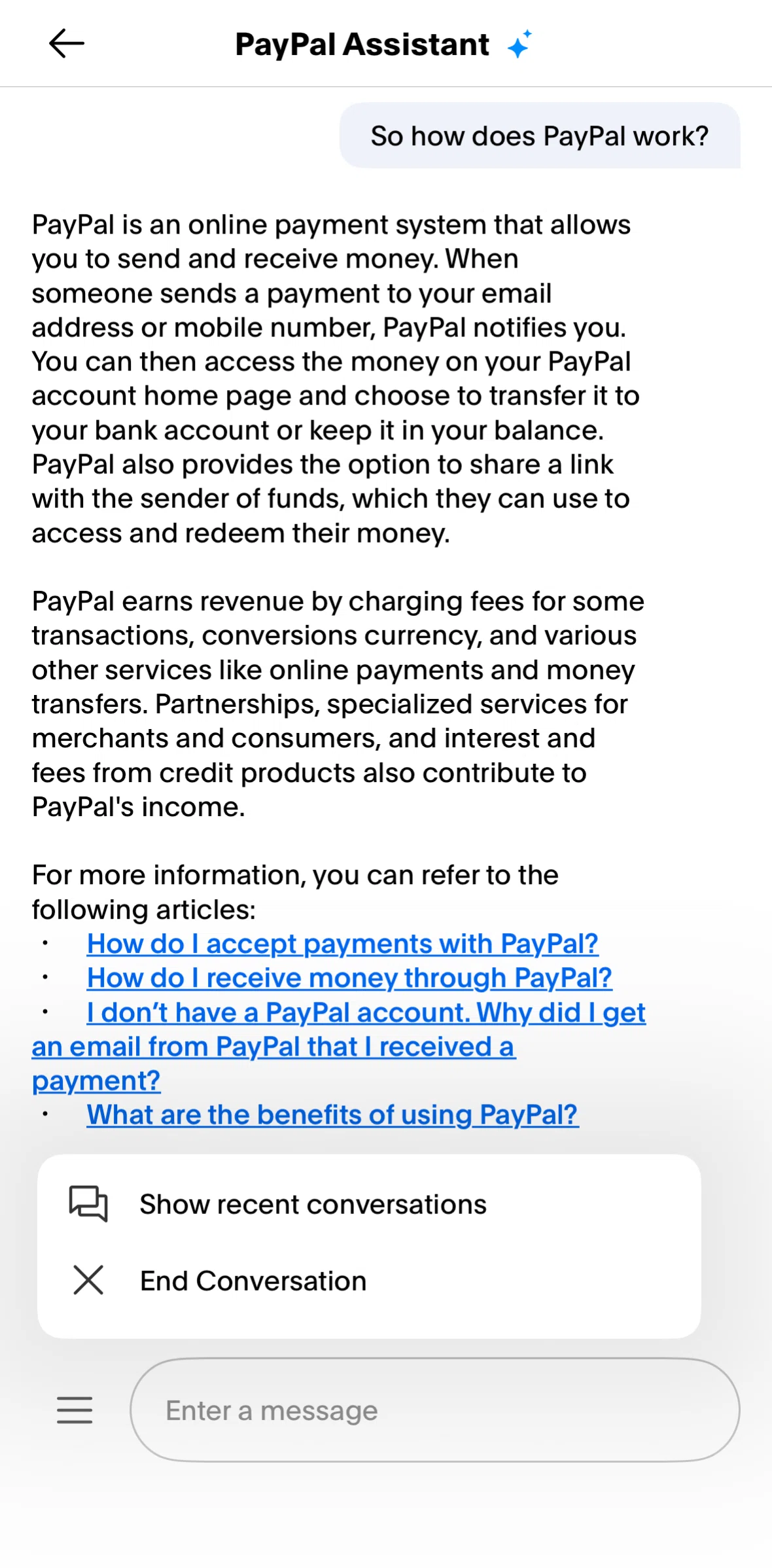 Paypal Screen screen in the Ending a chat flow