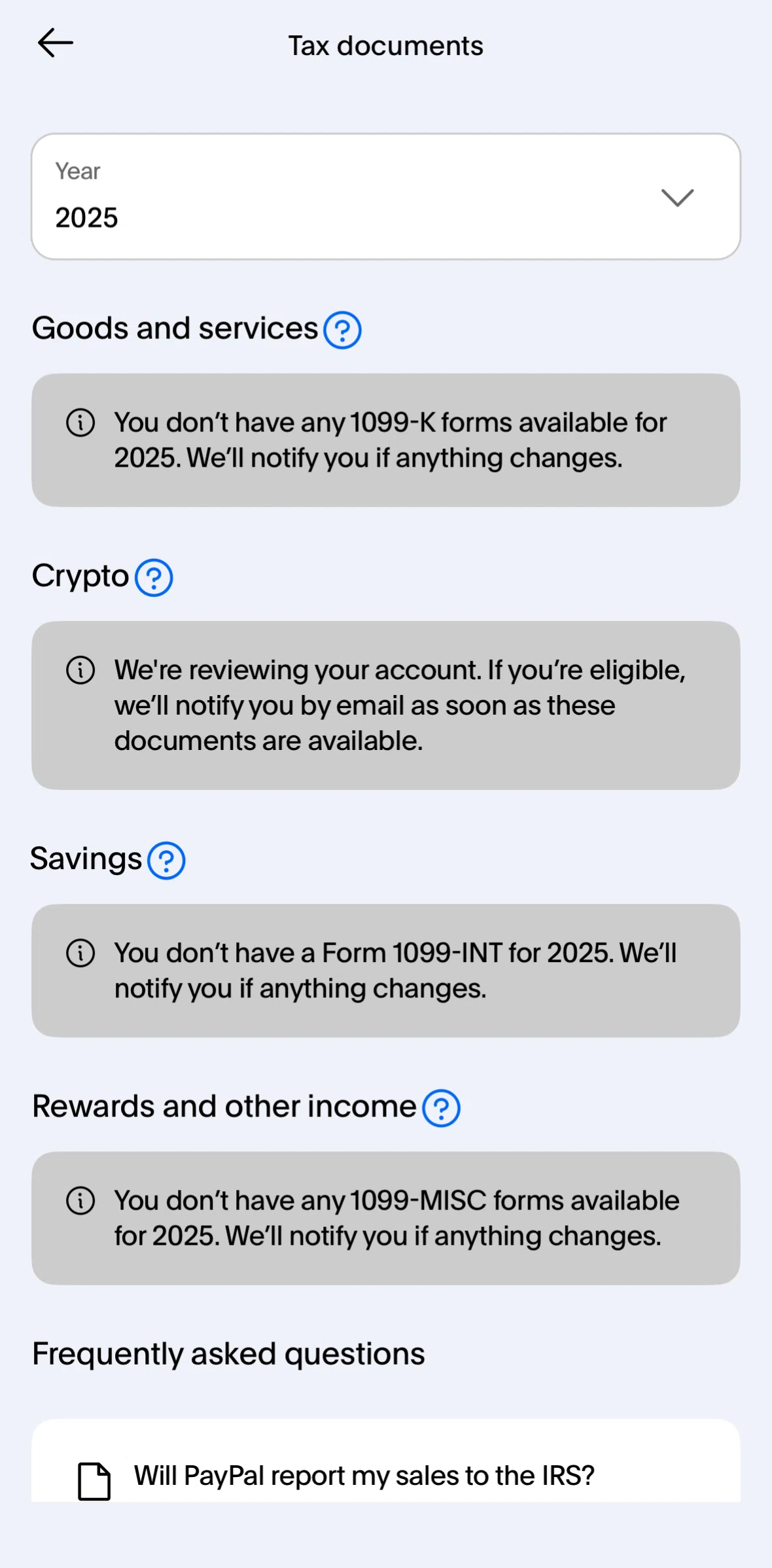 Paypal Screen screen in the Filtering tax documents flow