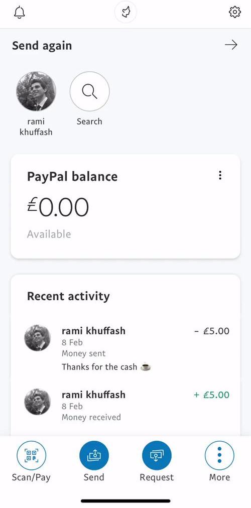 Paypal Home screen in the General Browsing flow