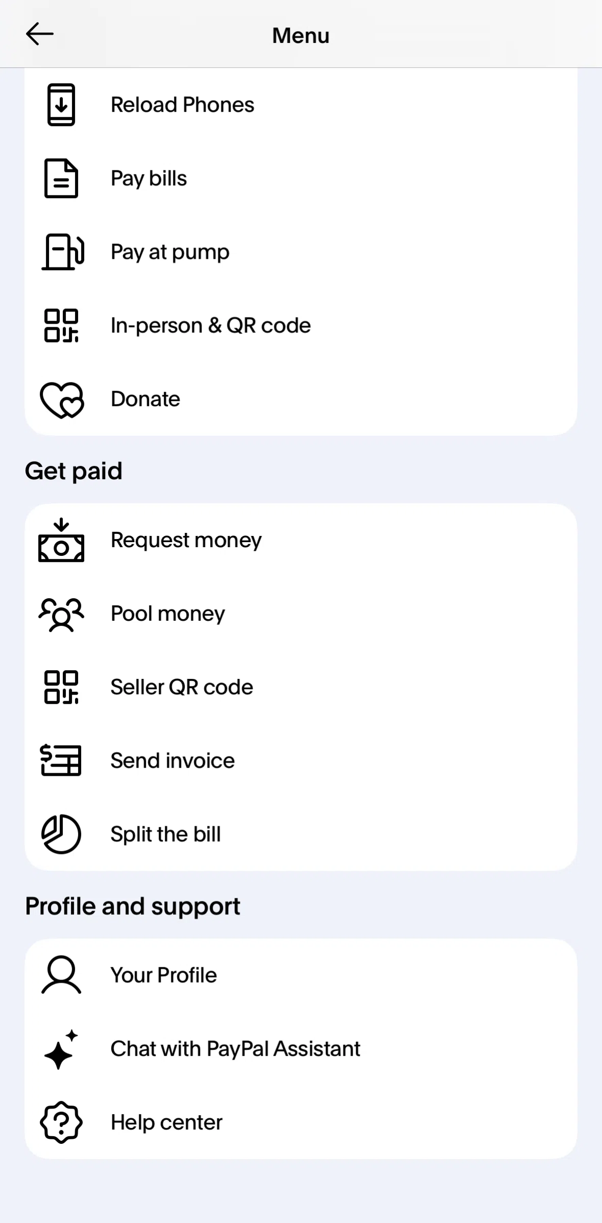 Paypal Screen screen in the Help center flow
