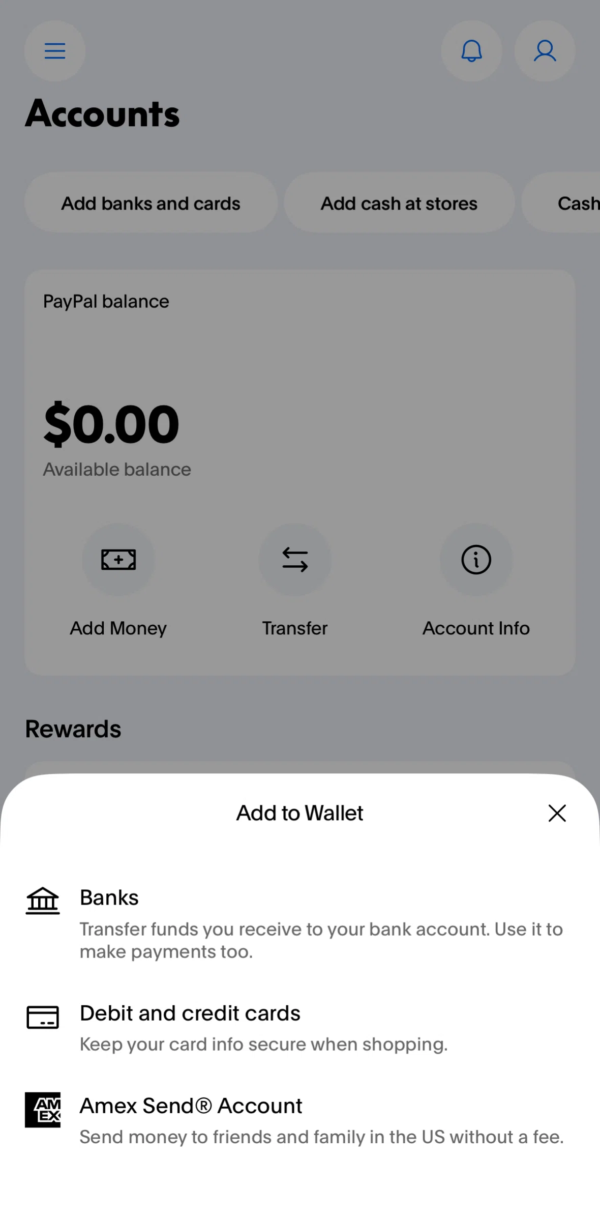 Paypal Screen screen in the Linking a credit card flow