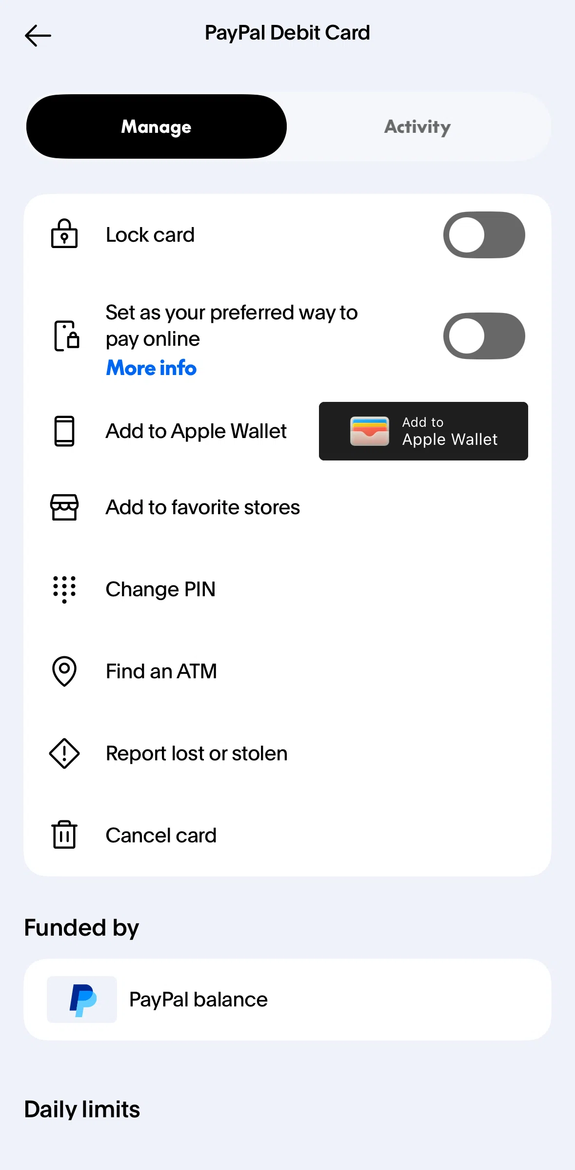 Paypal Screen screen in the Manage a card flow