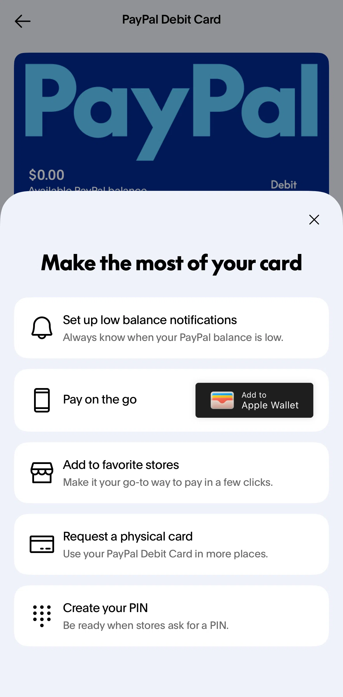 Paypal Screen screen in the Ordering a physical card flow