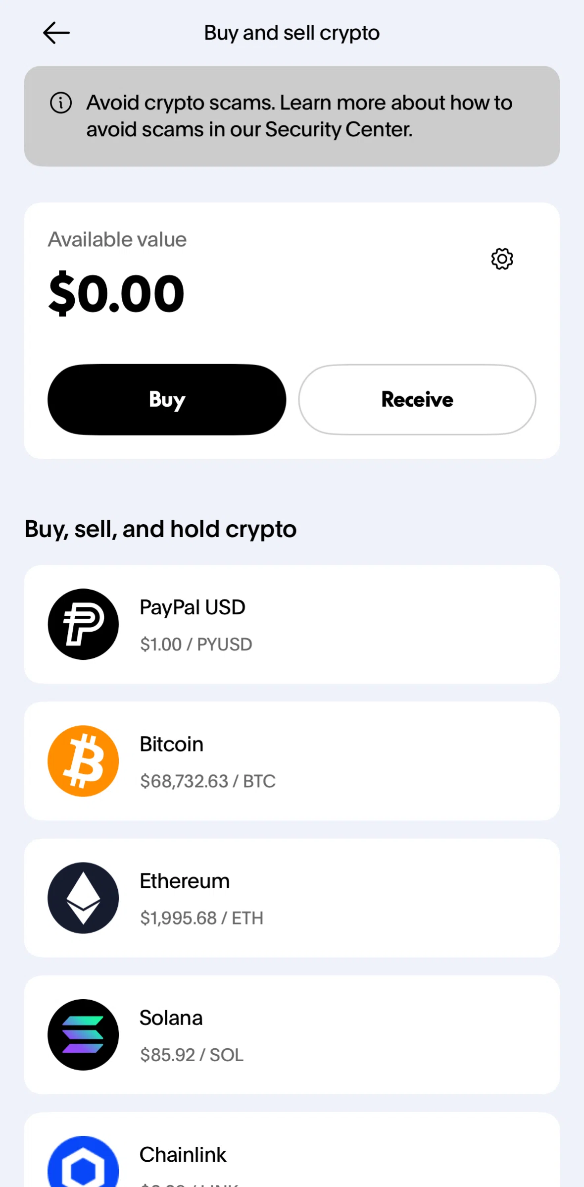 Paypal Screen screen in the Receive crypto flow