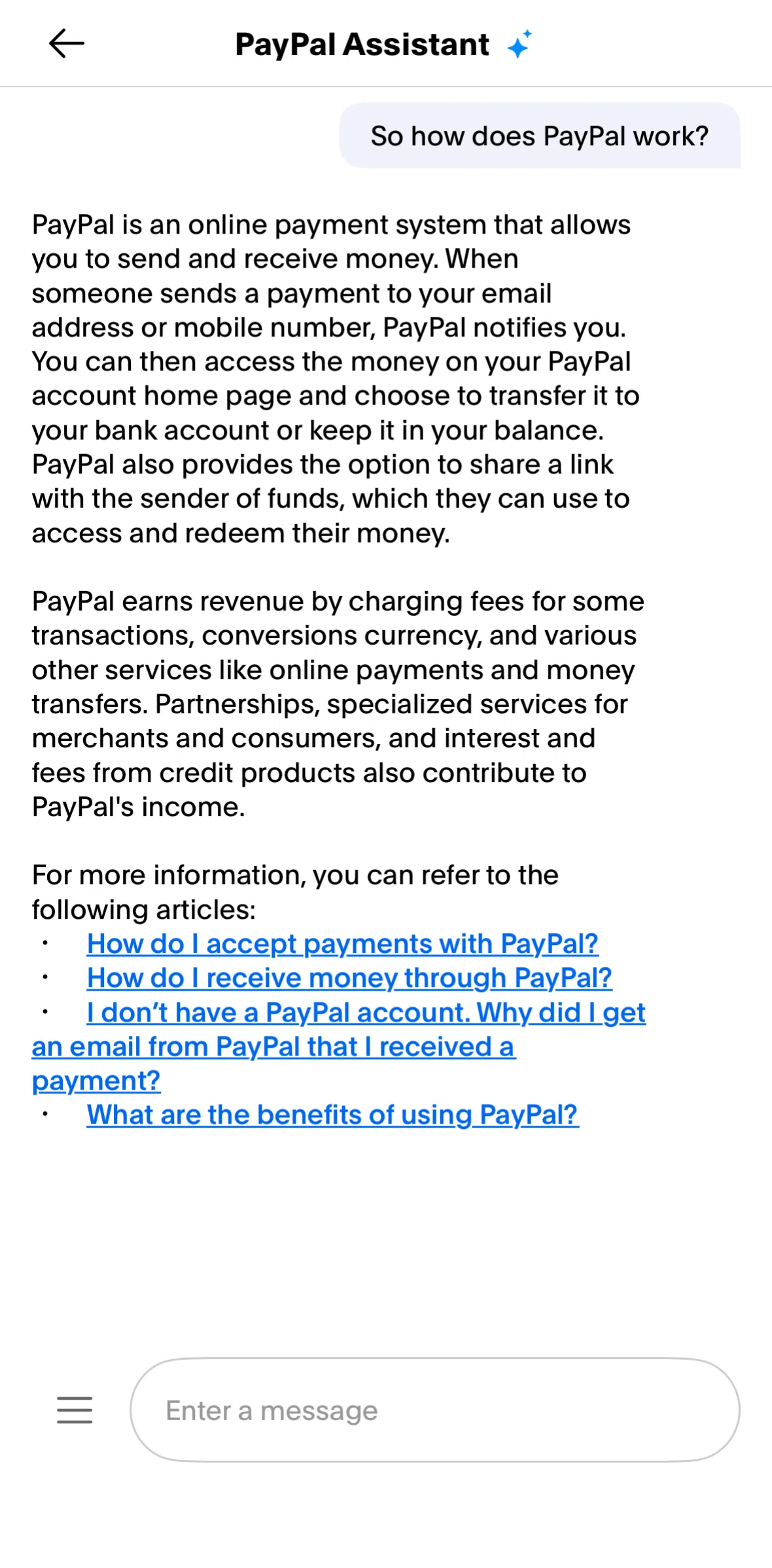 Paypal Screen screen in the Recent conversations flow