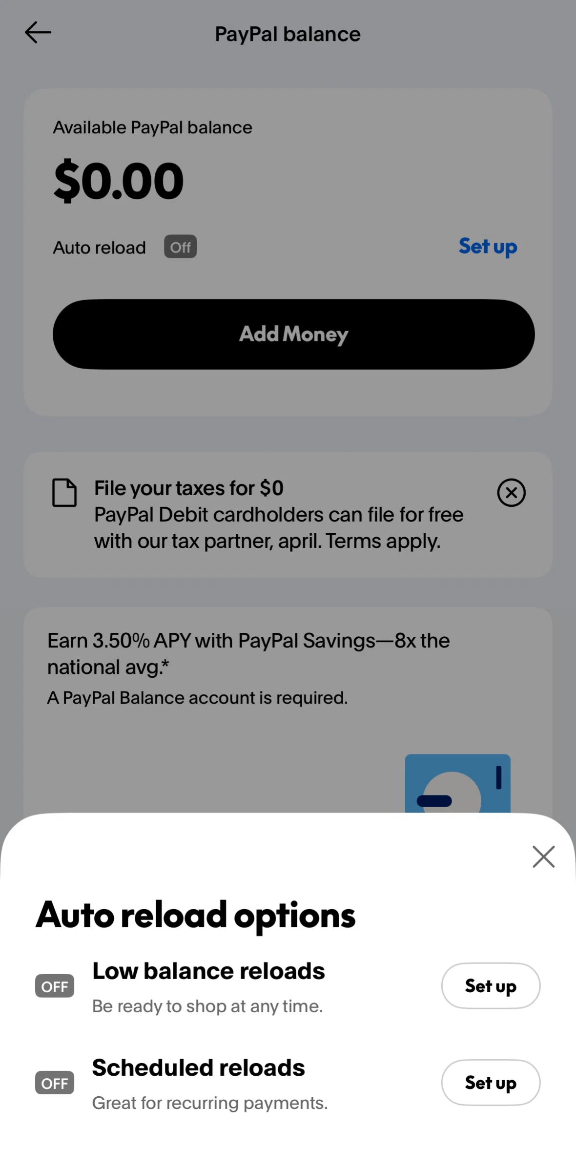 Paypal Screen screen in the Schedule auto reloads flow