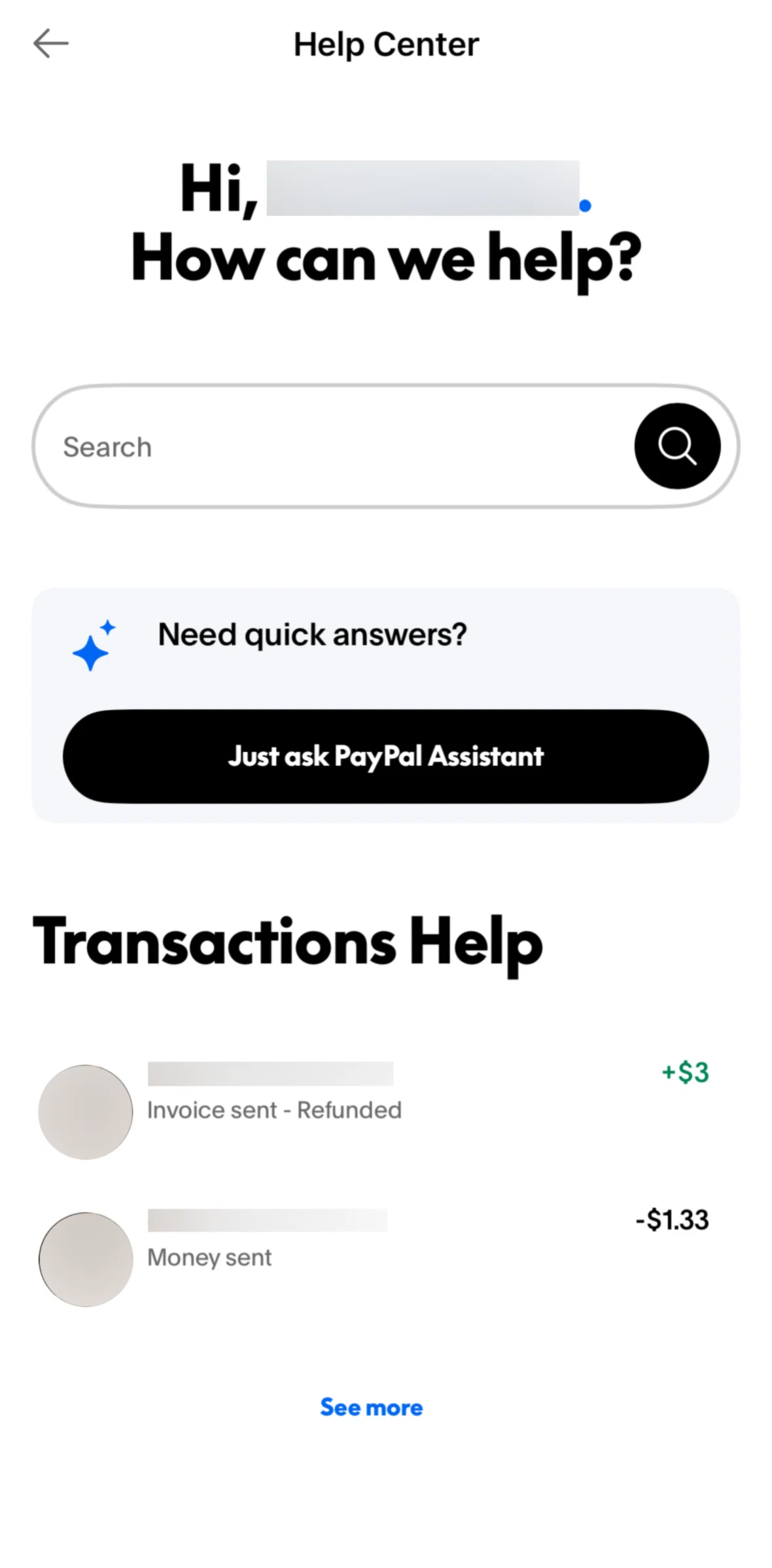 Paypal Screen screen in the Searching help center flow