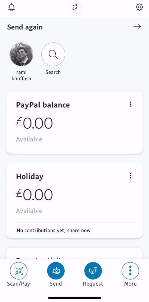 Paypal Home screen in the Searching flow