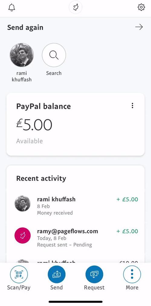 Paypal Home screen in the Sending Currency flow