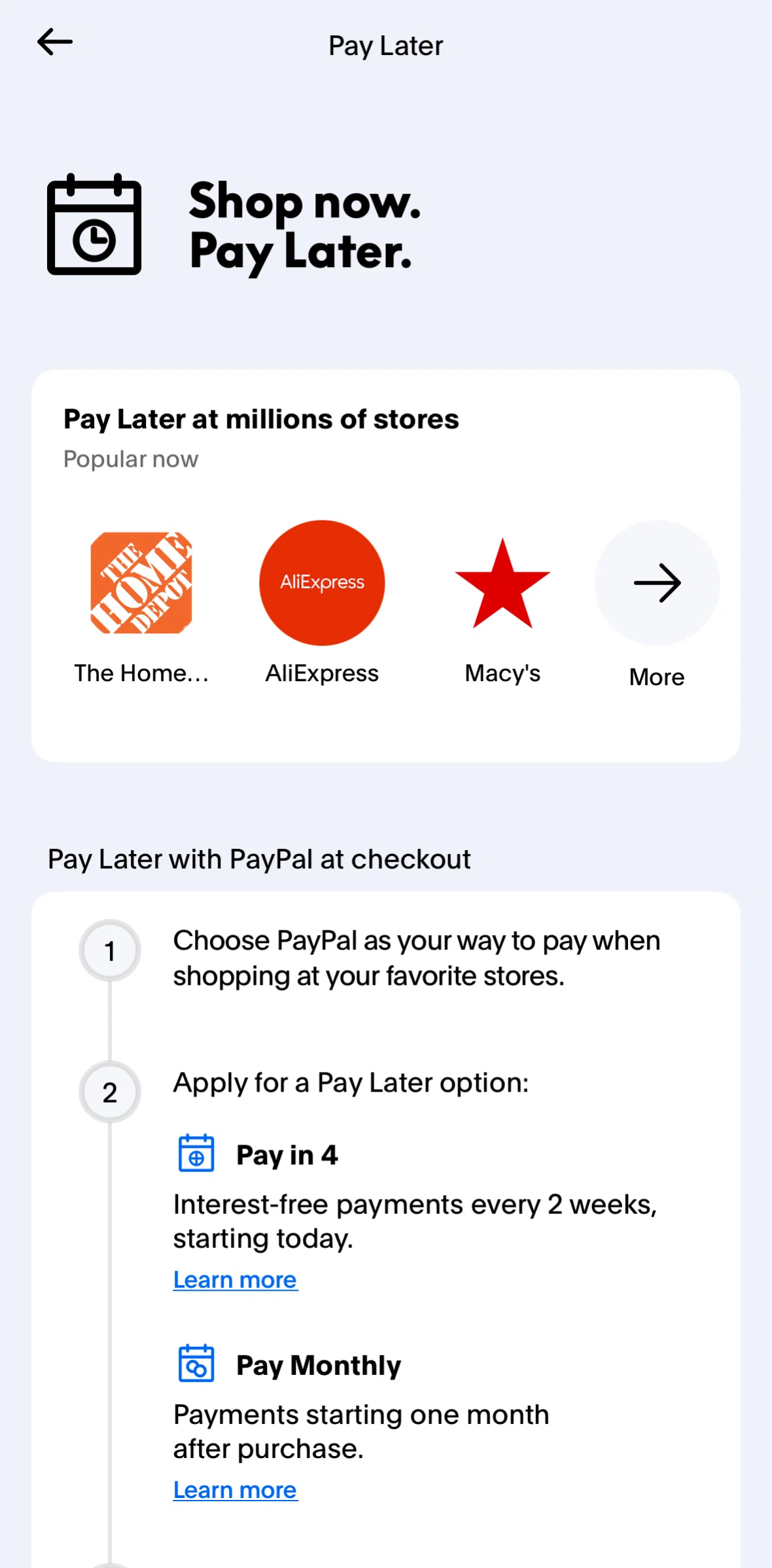Paypal Screen screen in the Stores with Pay Later flow