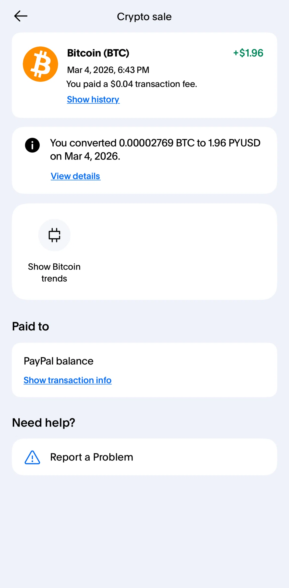 Paypal Screen screen in the Transaction history flow