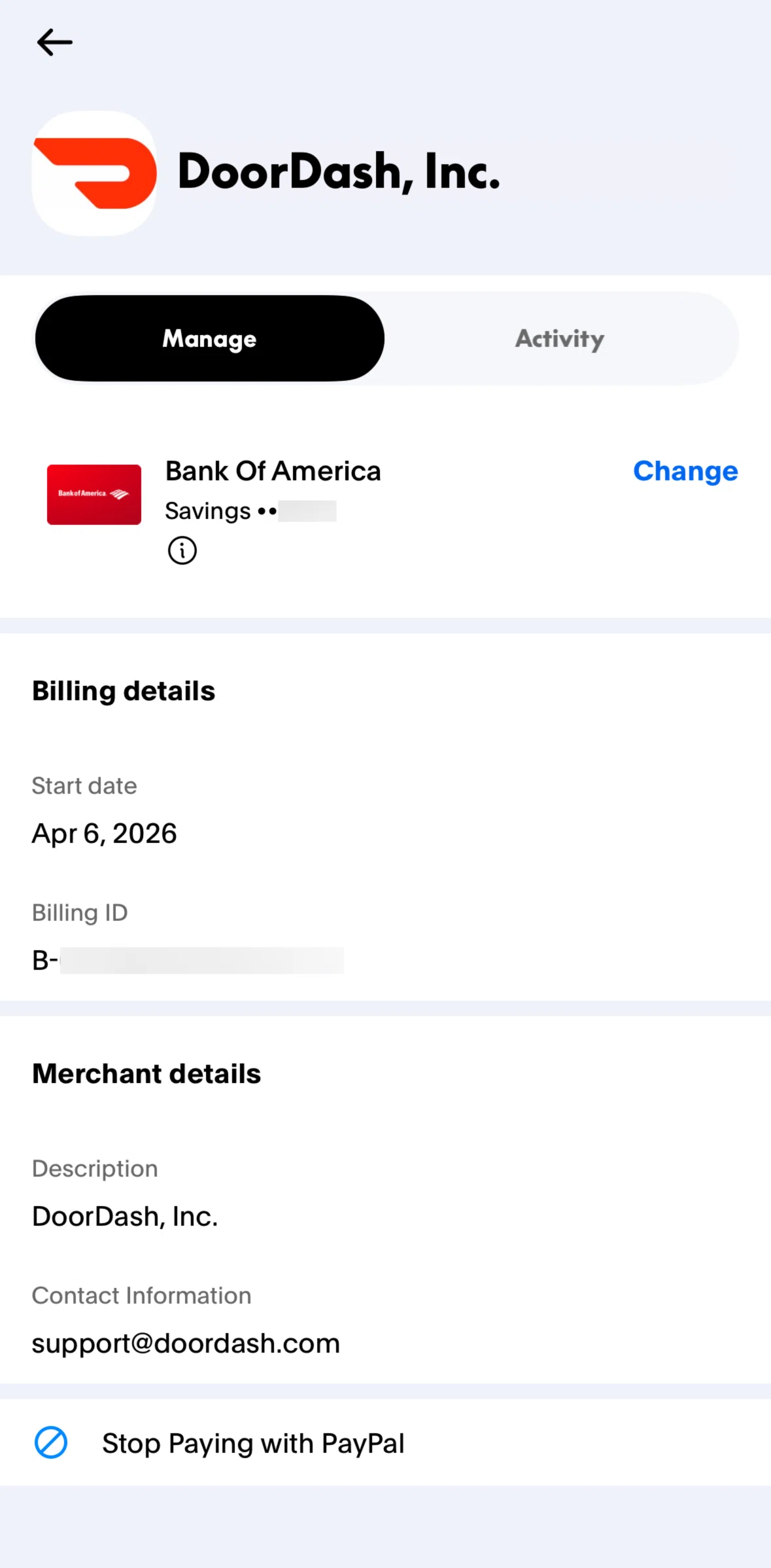 Paypal Screen screen in the Unlinking PayPal from a business flow