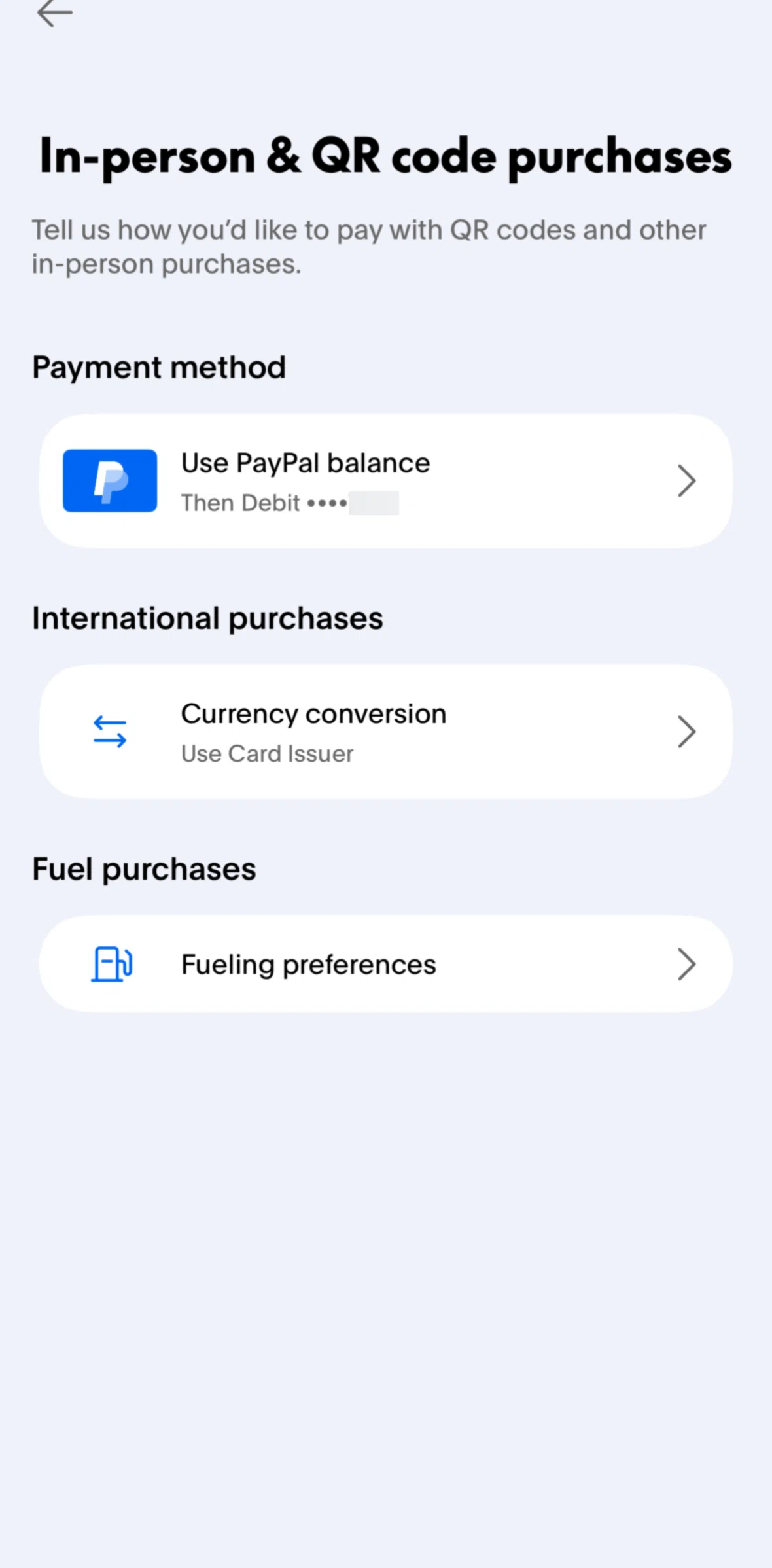 Paypal Screen screen in the Updating fueling preferences flow