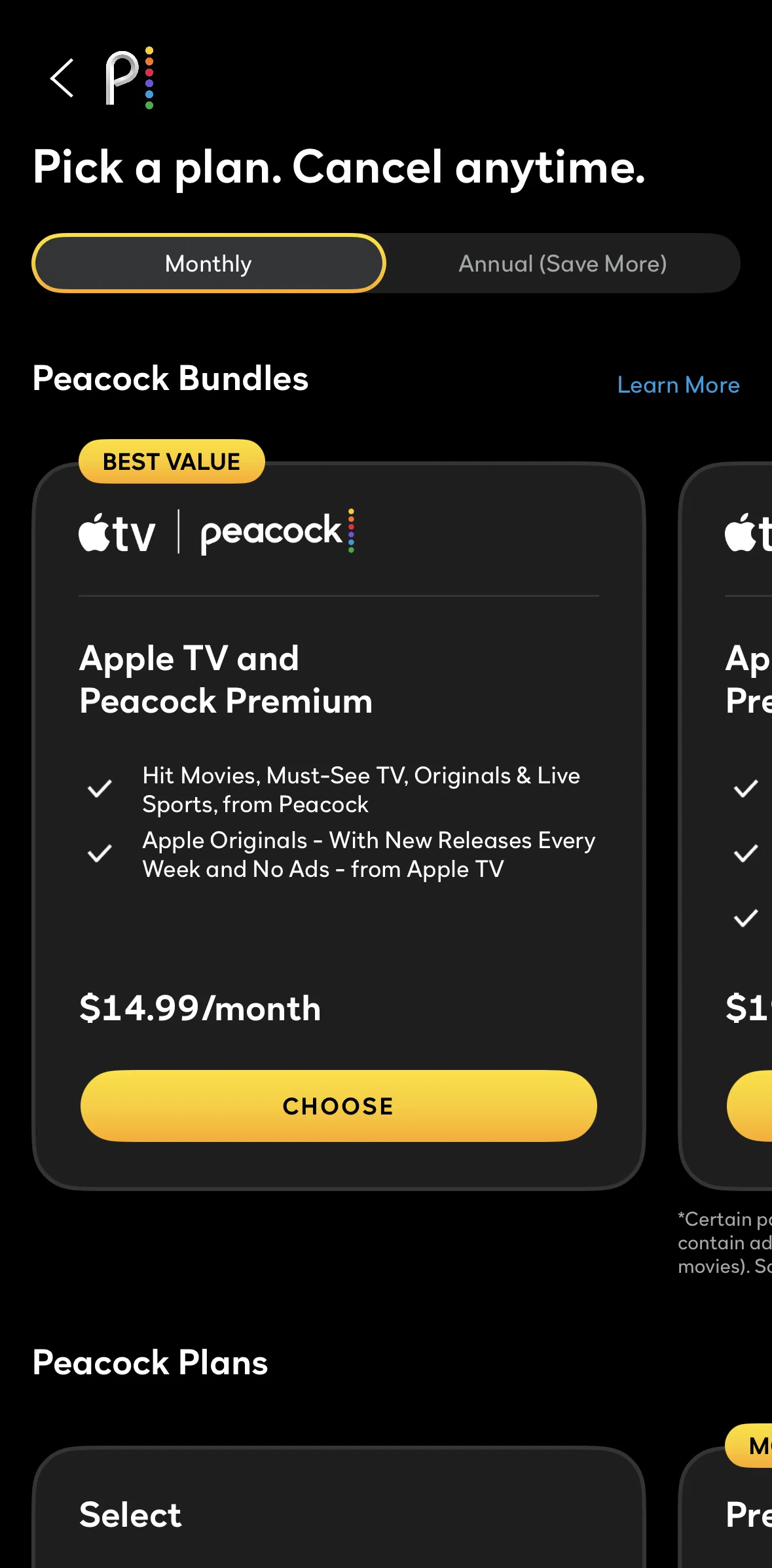 Peacock Screen screen in the Bundle information flow