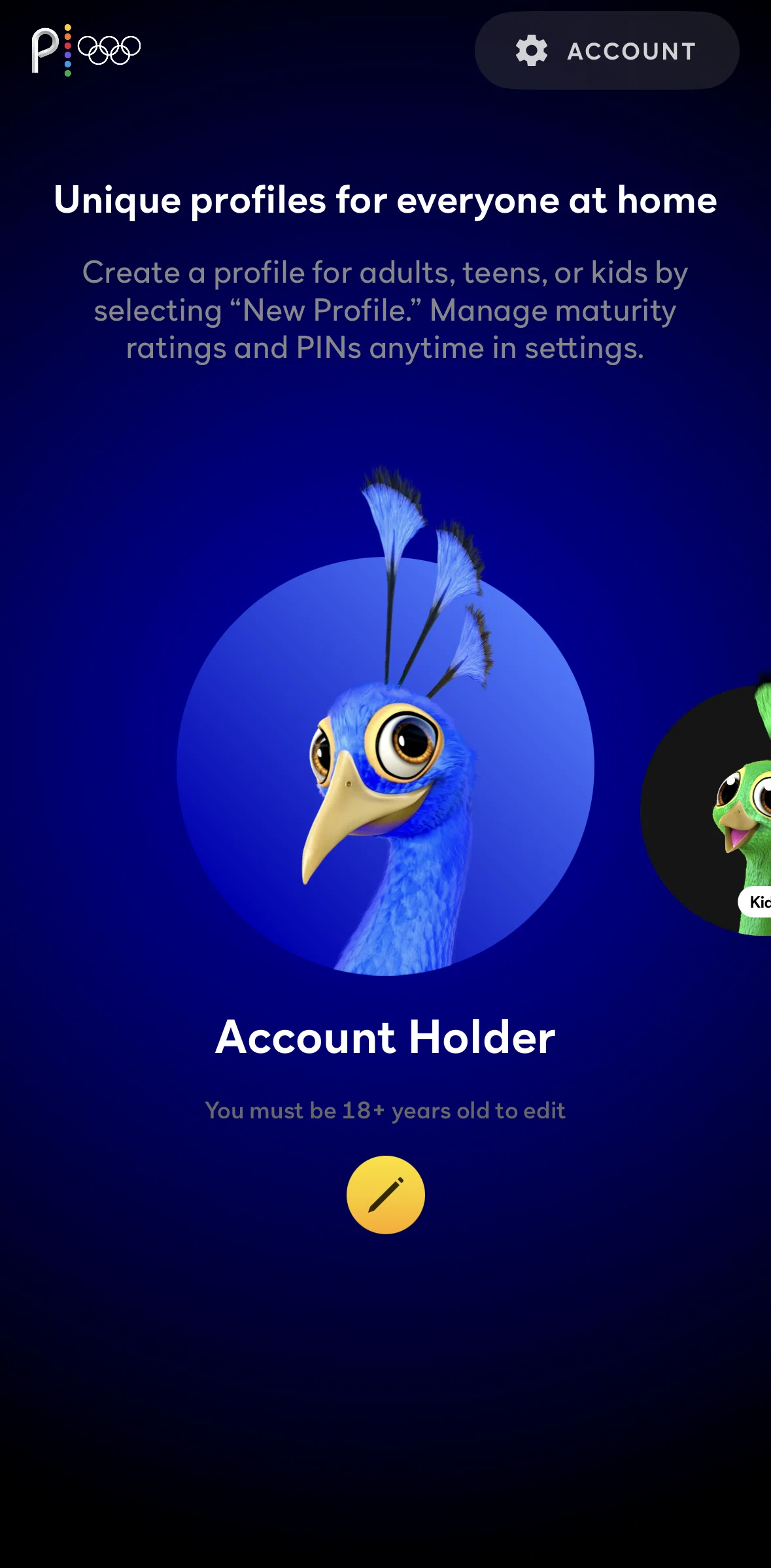 Peacock Screen screen in the Creating a profile flow