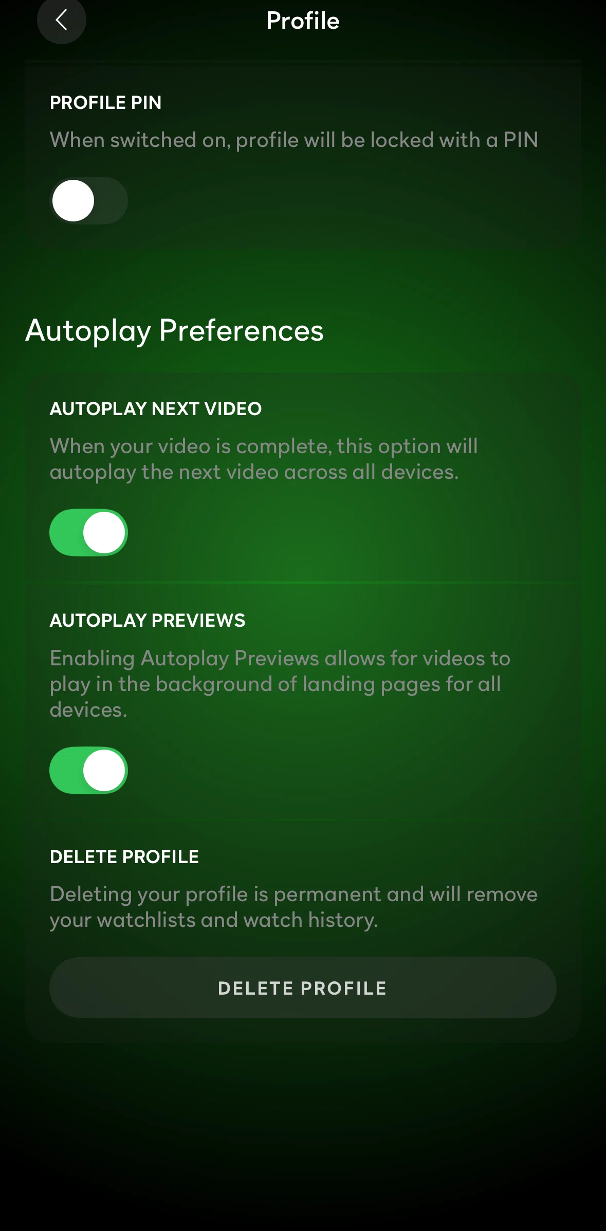 Peacock Screen screen in the Deleting a profile flow