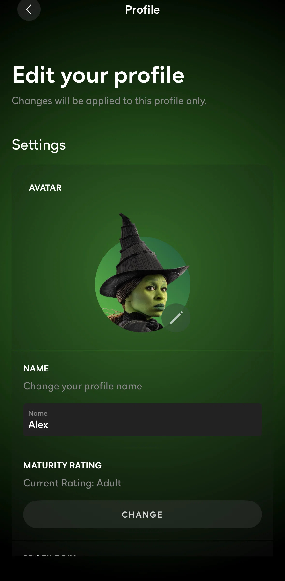 Peacock Screen screen in the Editing profile name flow