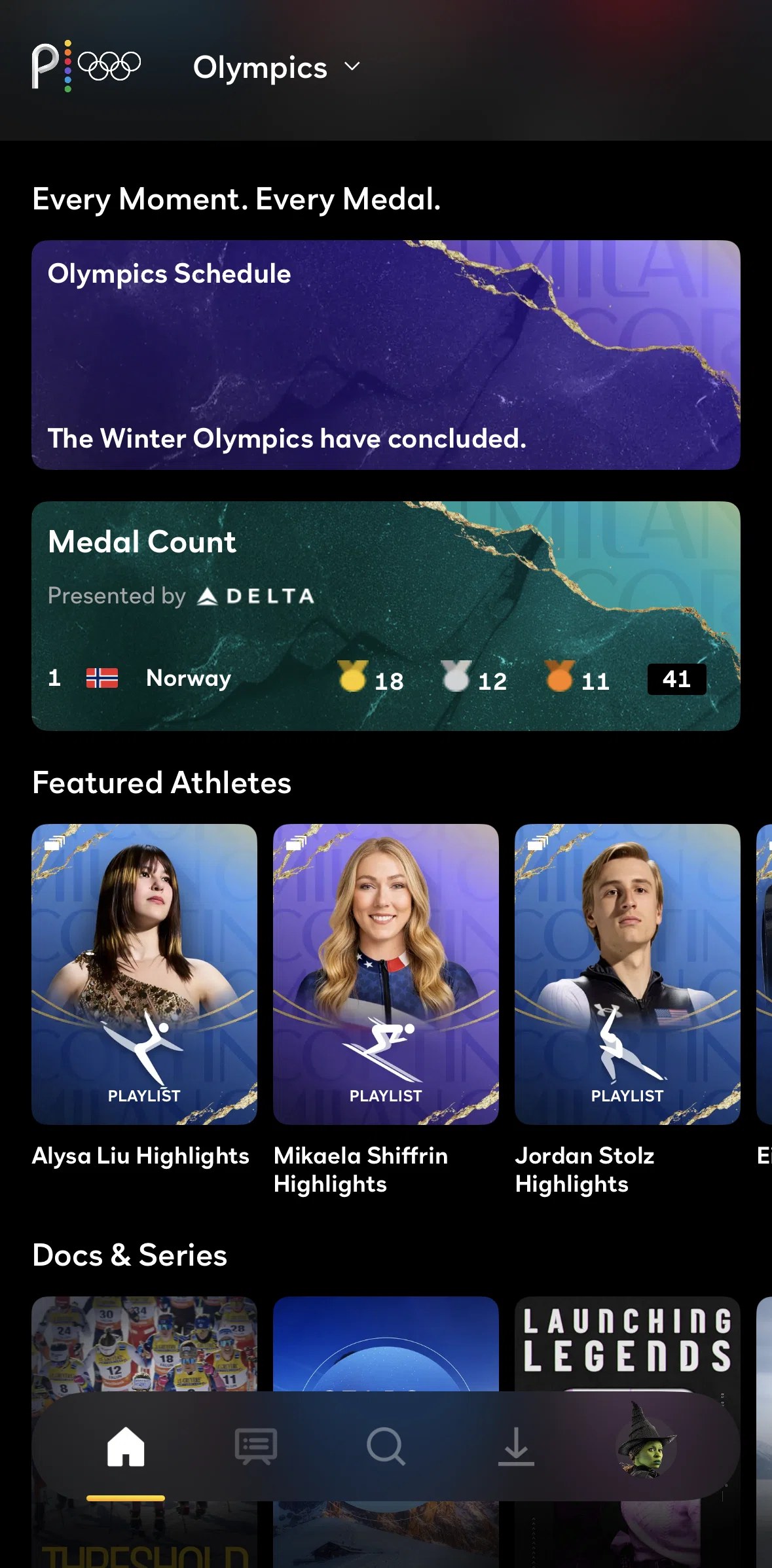 Peacock Screen screen in the Olympics schedule flow