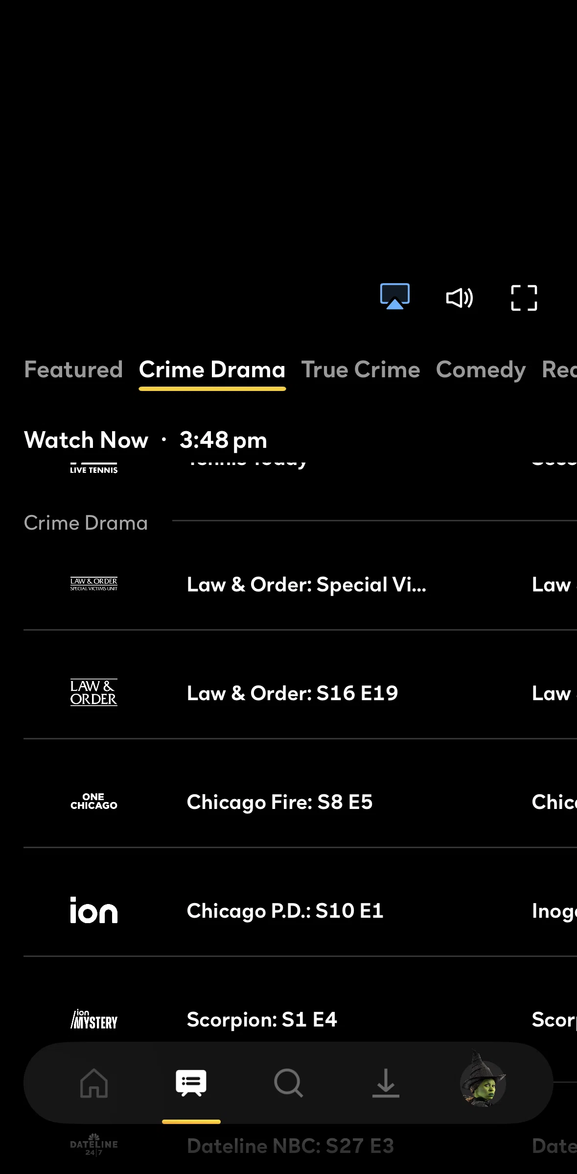 Peacock Screen screen in the Watching a TV Show (Channels) flow
