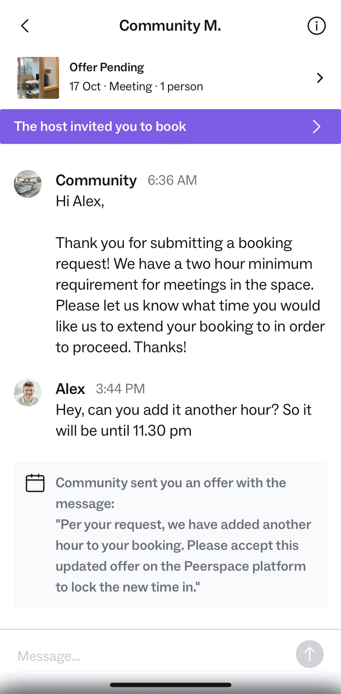 Peerspace Screen screen in the Accepting a booking offer flow