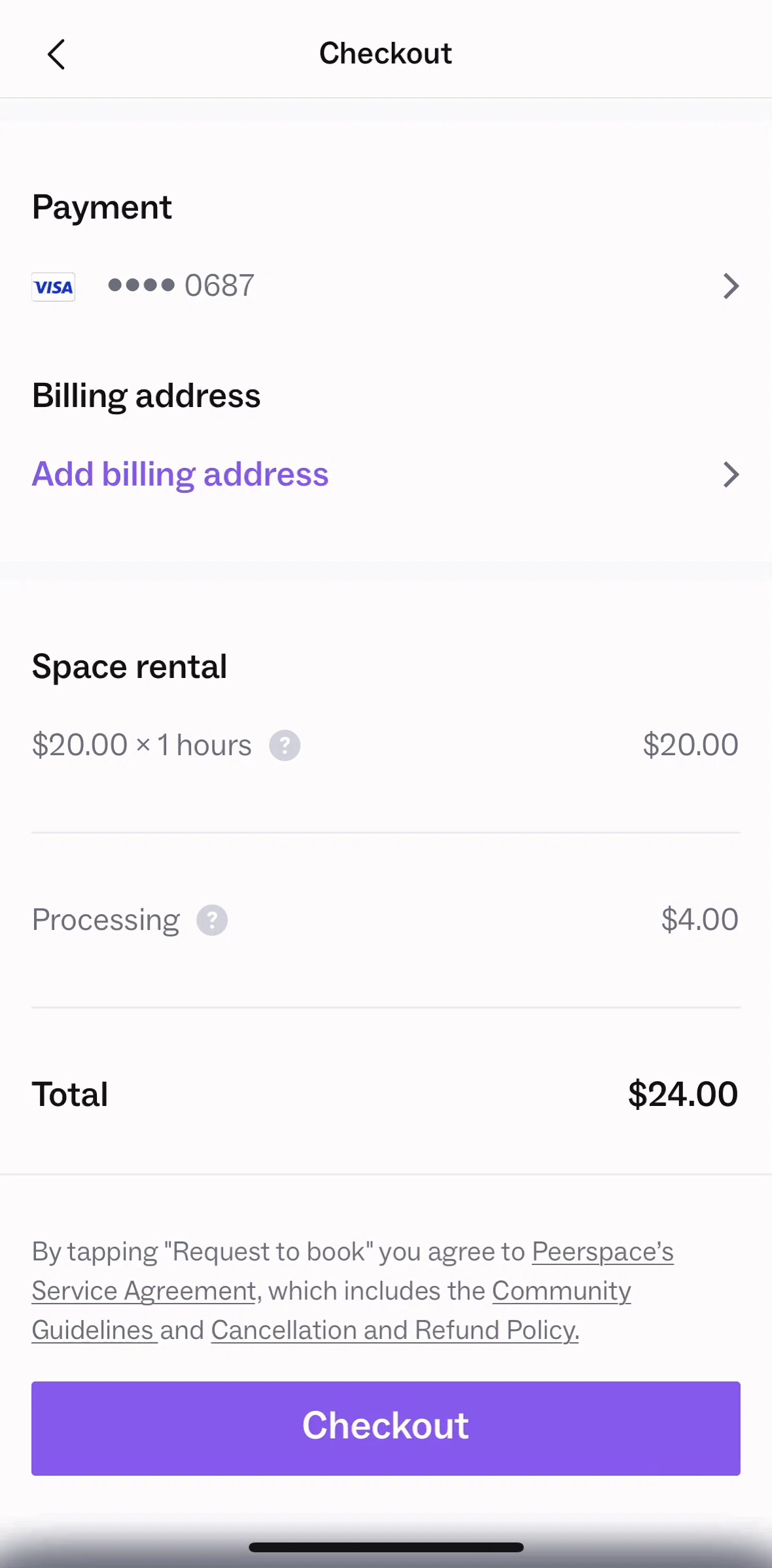 Peerspace Screen screen in the Adding a billing address flow