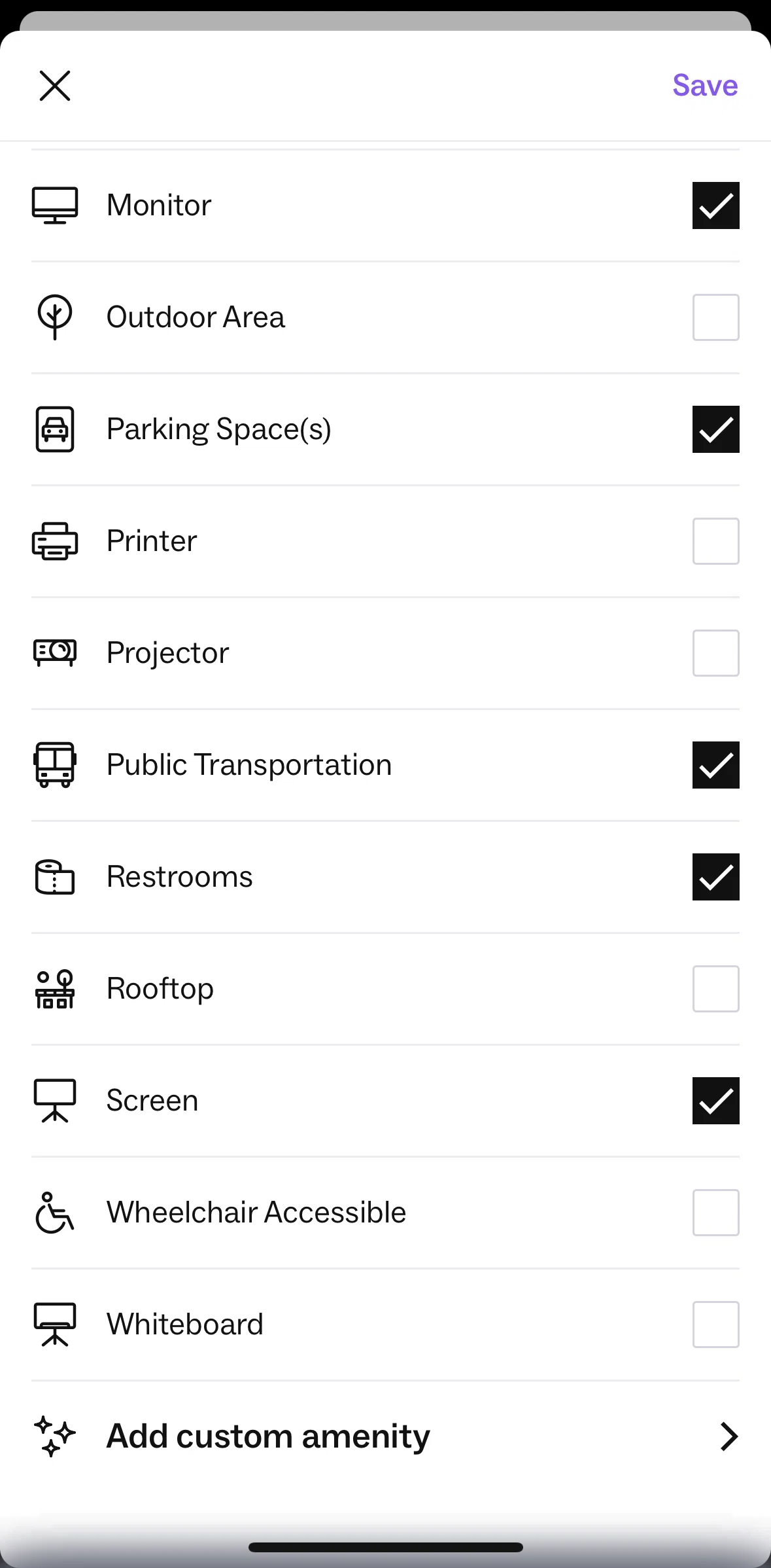 Peerspace Screen screen in the Adding a custom amenity flow