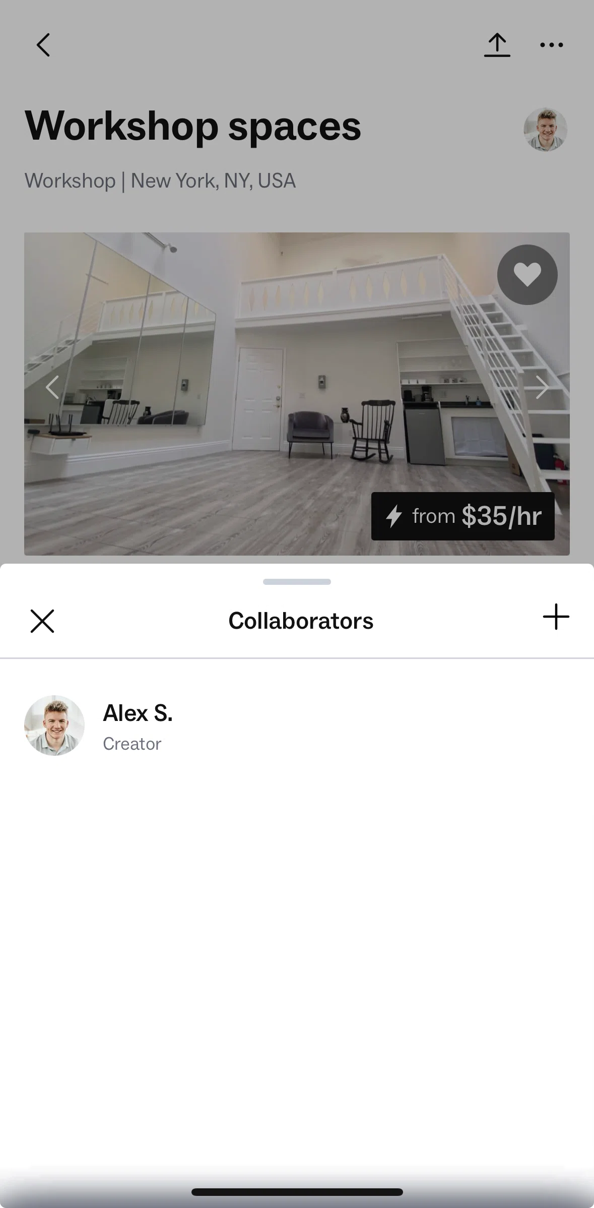Peerspace Screen screen in the Adding collaborators flow
