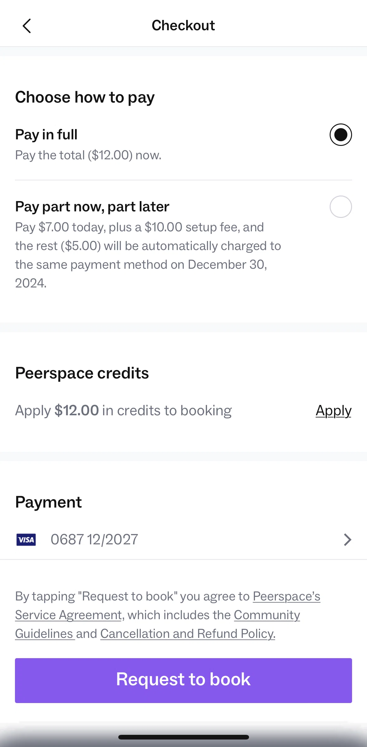 Peerspace Screen screen in the Applying Peerspace credits in checkout flow