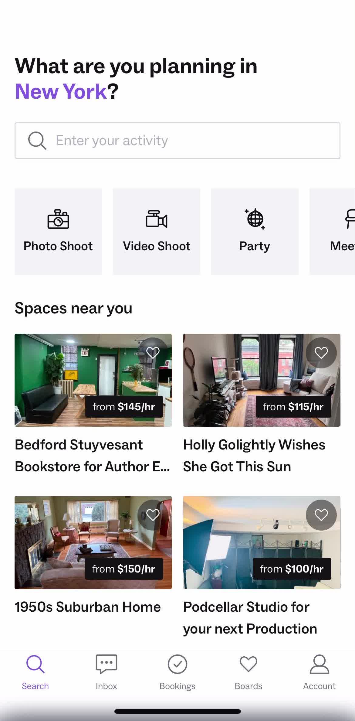 Peerspace Home screen in the Booking A Room flow