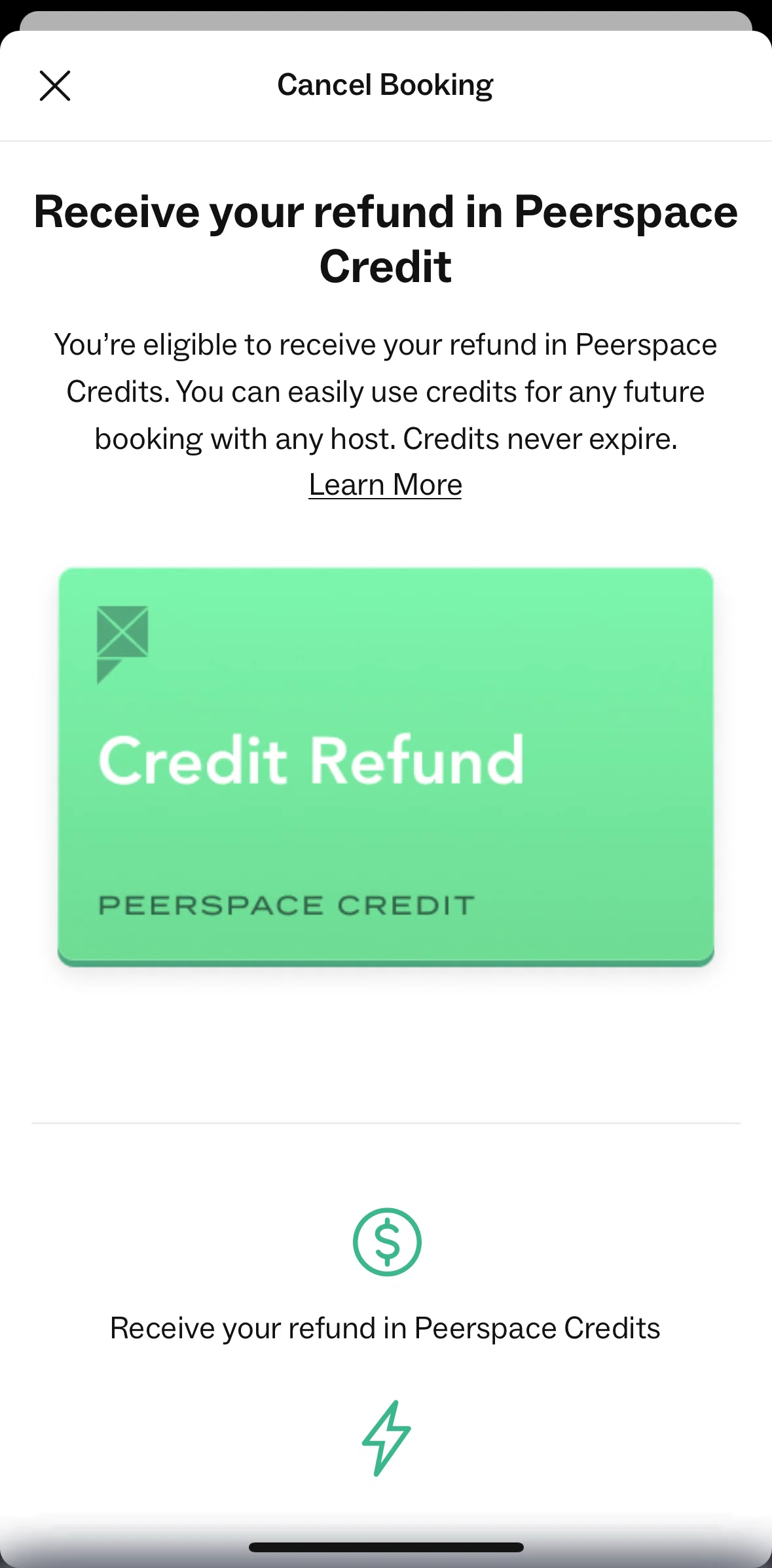 Peerspace Screen screen in the Cancelling a booking for Peerspace credit flow