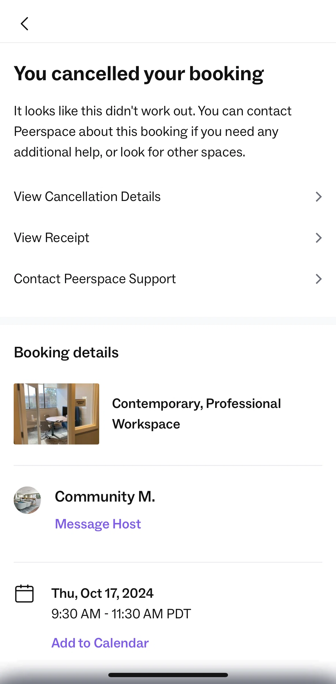 Peerspace Screen screen in the Contact support flow