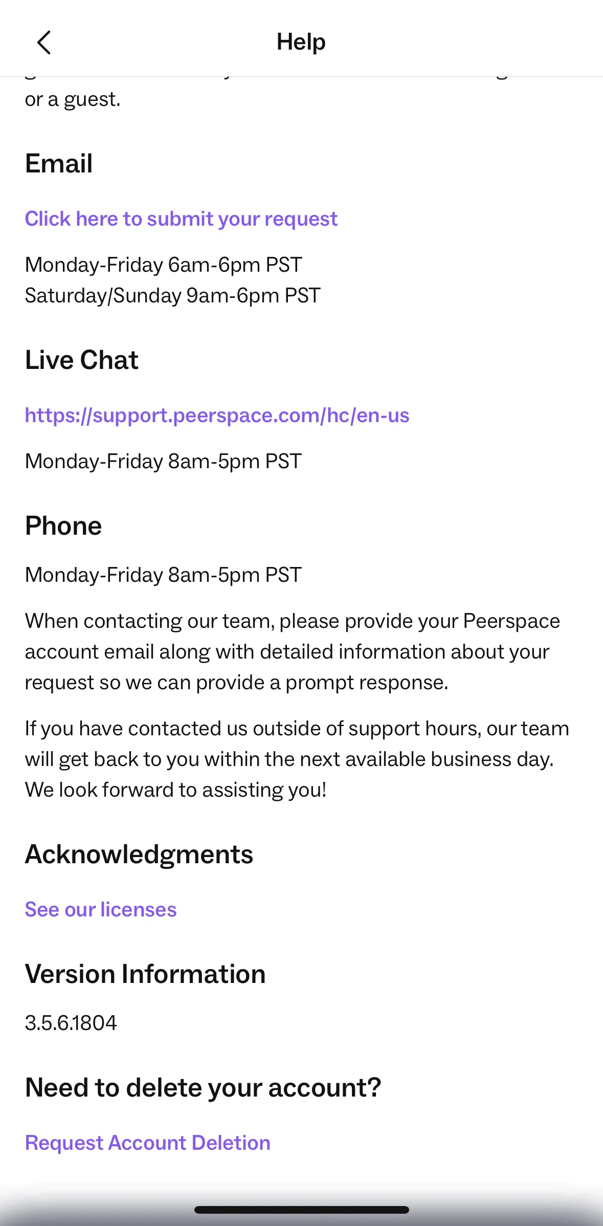 Peerspace Screen screen in the Deleting an account flow