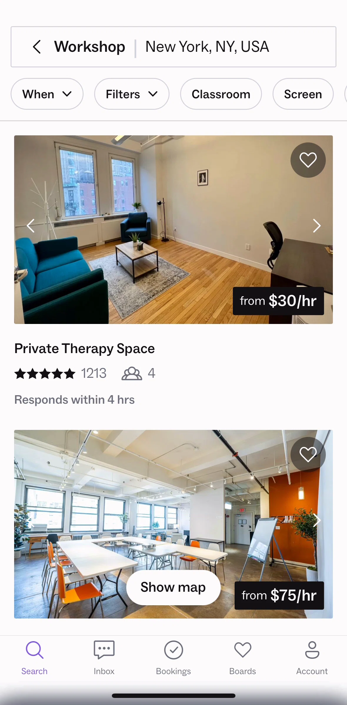 Peerspace Screen screen in the Filtering search results (spaces) flow