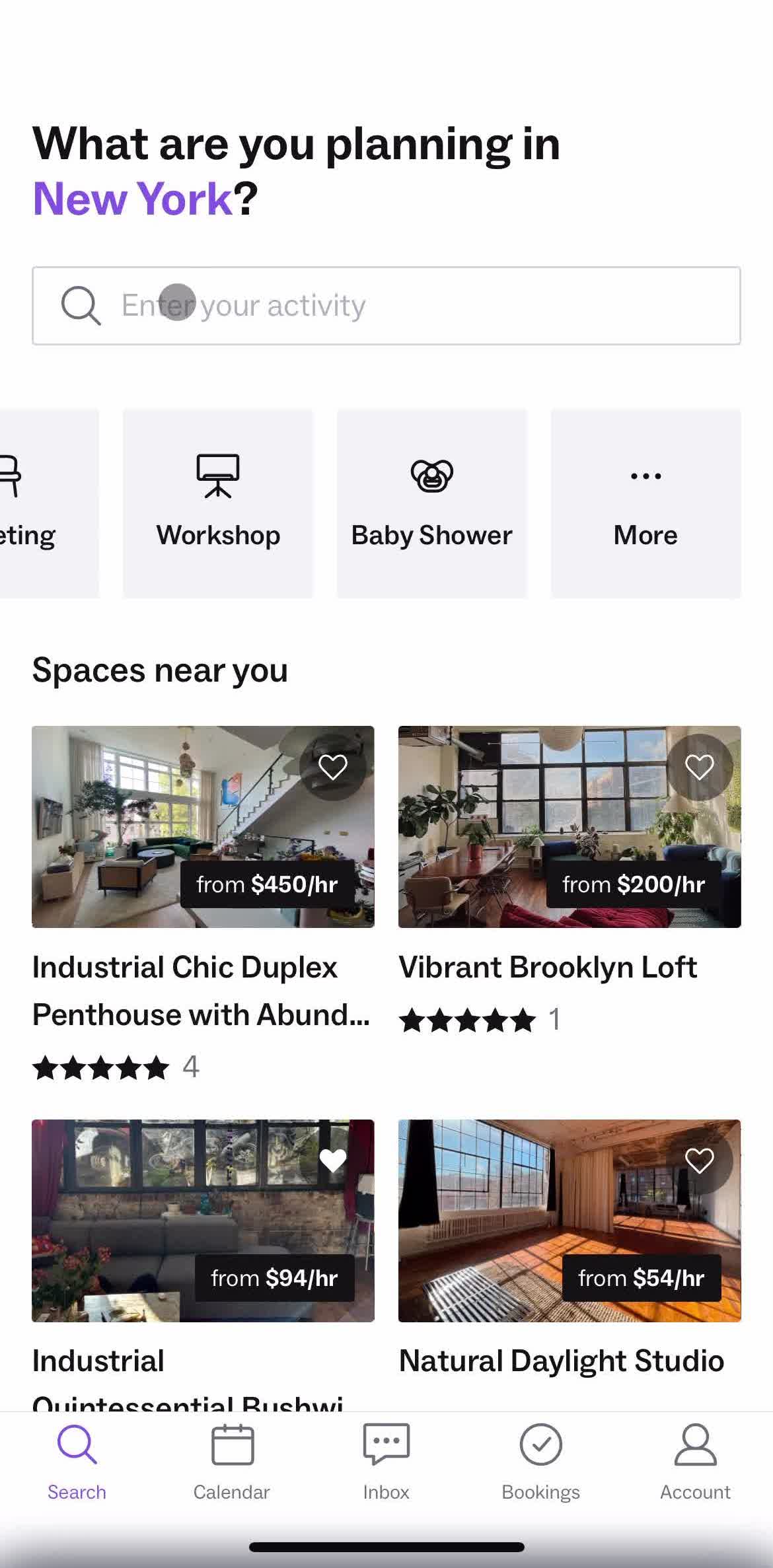 Peerspace Home screen in the General Browsing flow