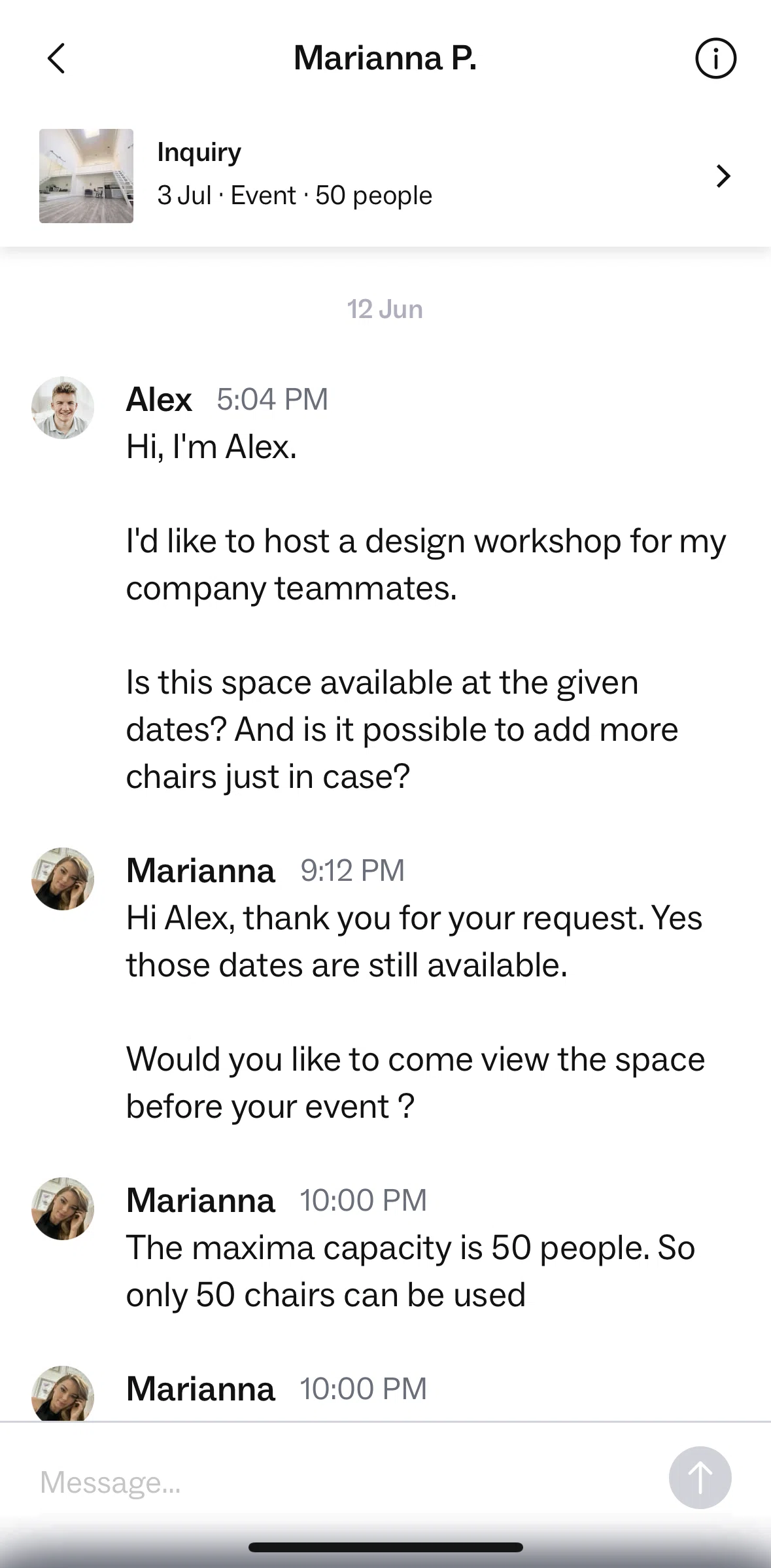 Peerspace Screen screen in the Manage booking (inquiry) flow