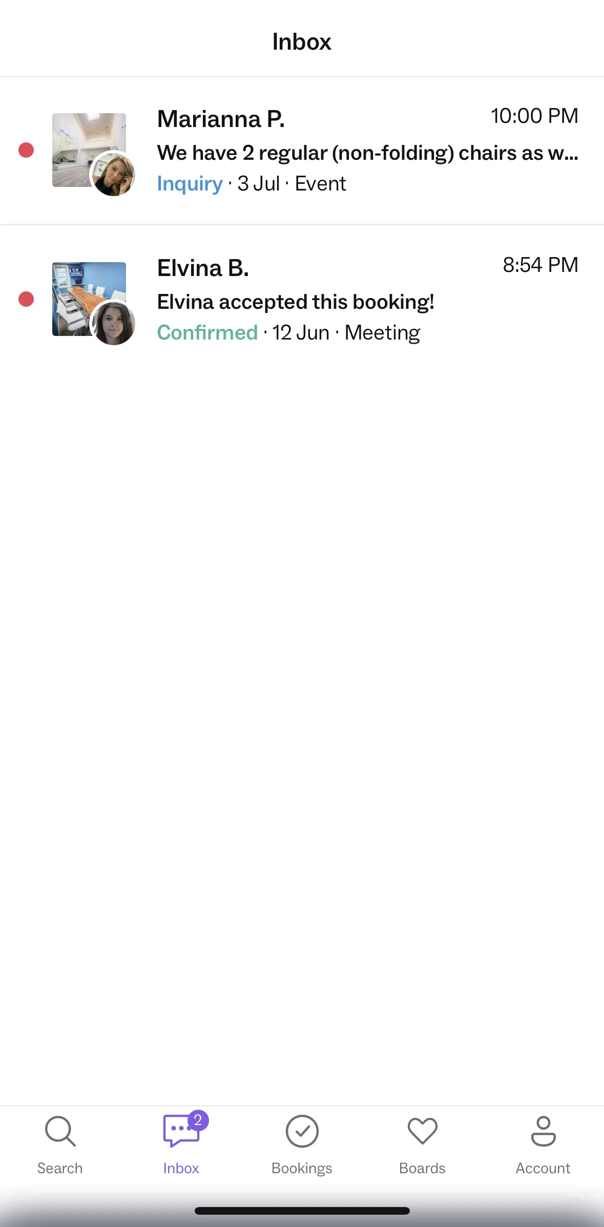 Peerspace Screen screen in the Message detail flow