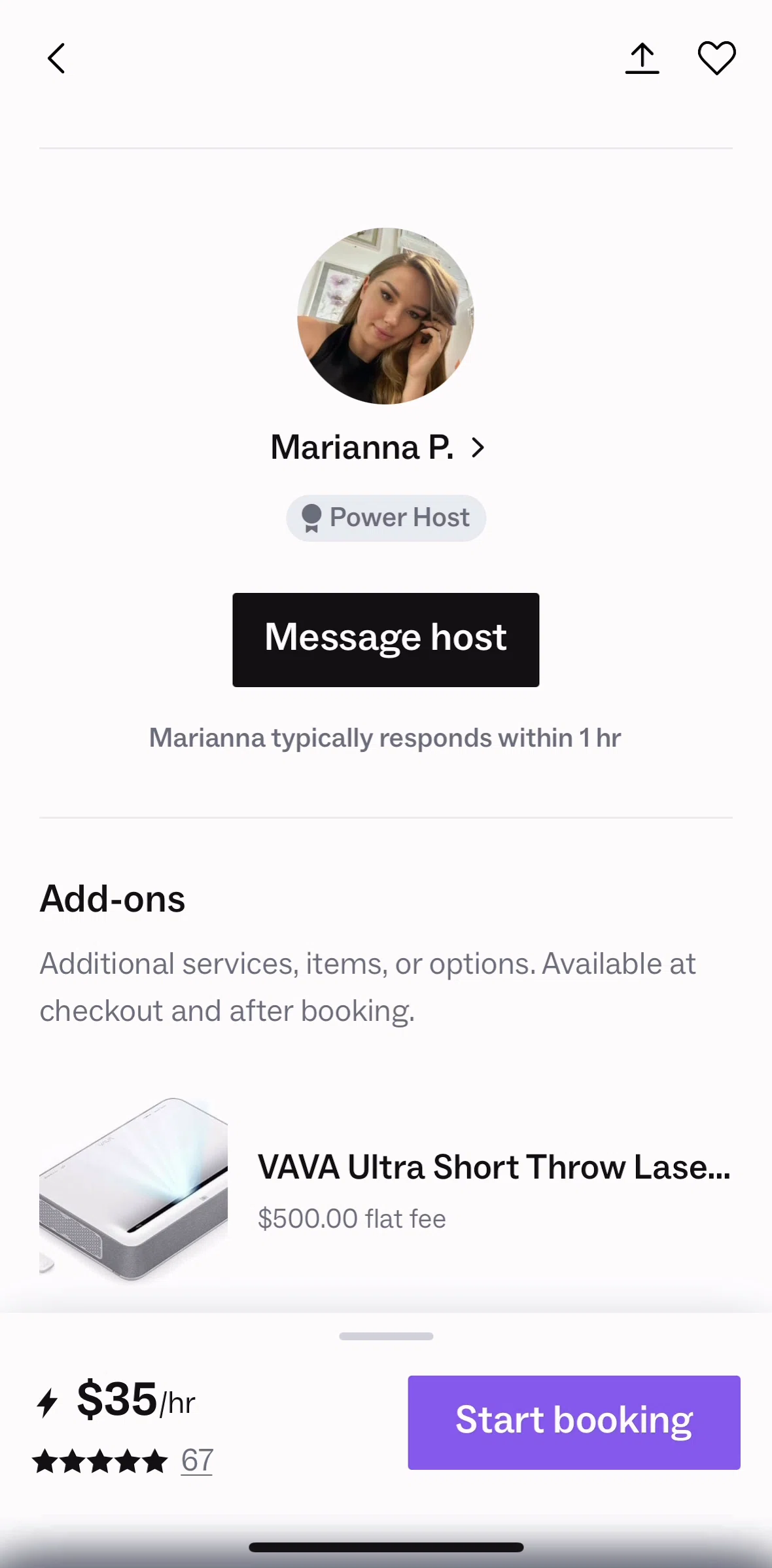 Peerspace Screen screen in the Messaging a host (sending an inquiry) flow